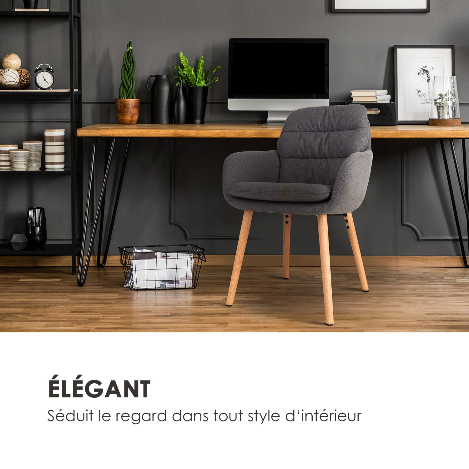 Doug Chaise rembourrée mousse pieds en bois polyester gris foncé 