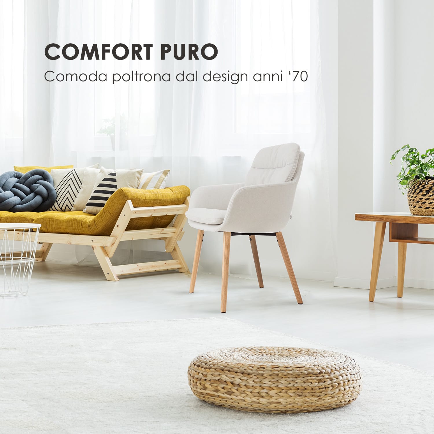 Doug sedia imbottita - imbottitura in poliuretano espanso - 100% poliestere - gambe di legno - crema Crema