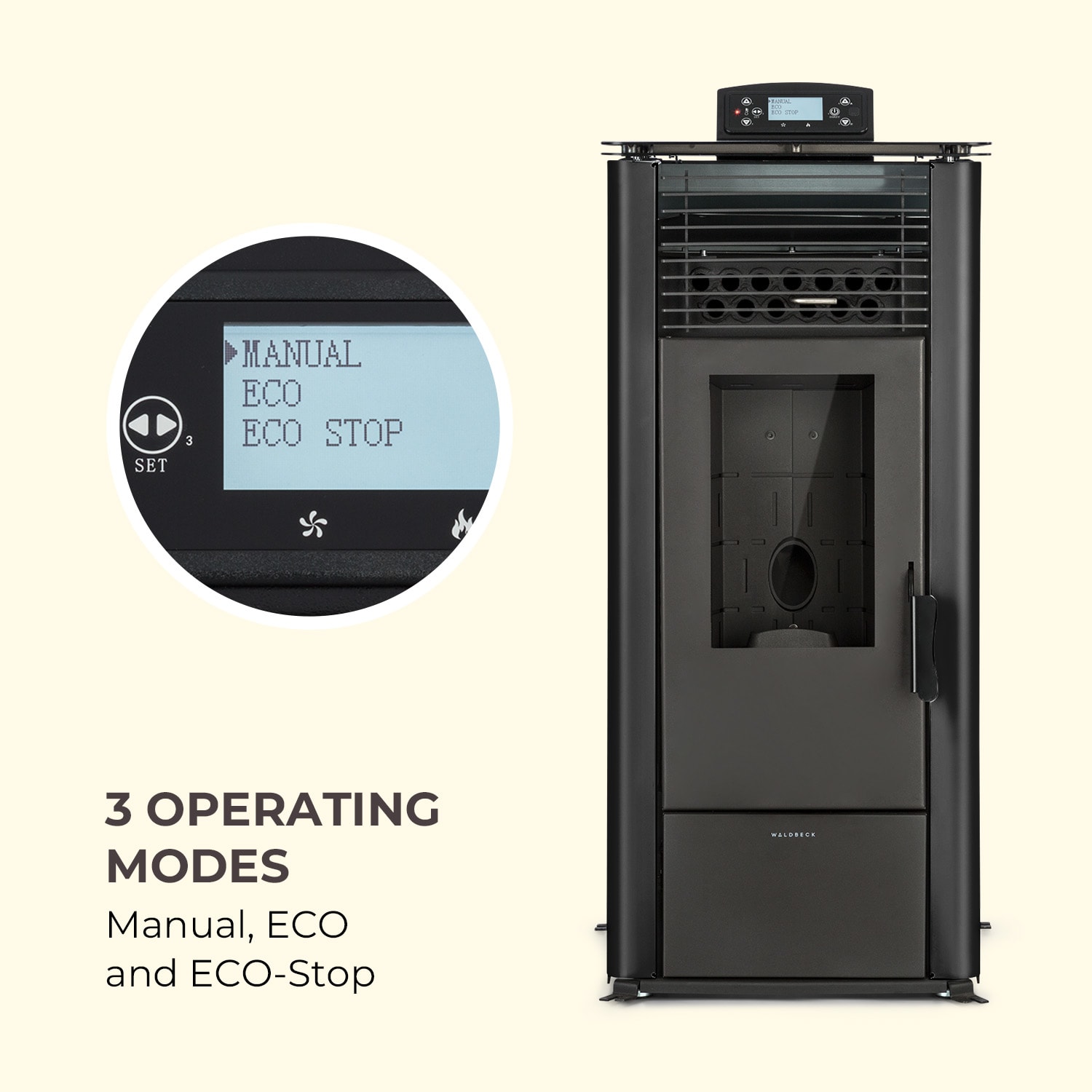 Energiewende, sobă pe peleți, 5/10 kW, 5 nivele, cronometru, telecomandă, negru Negru