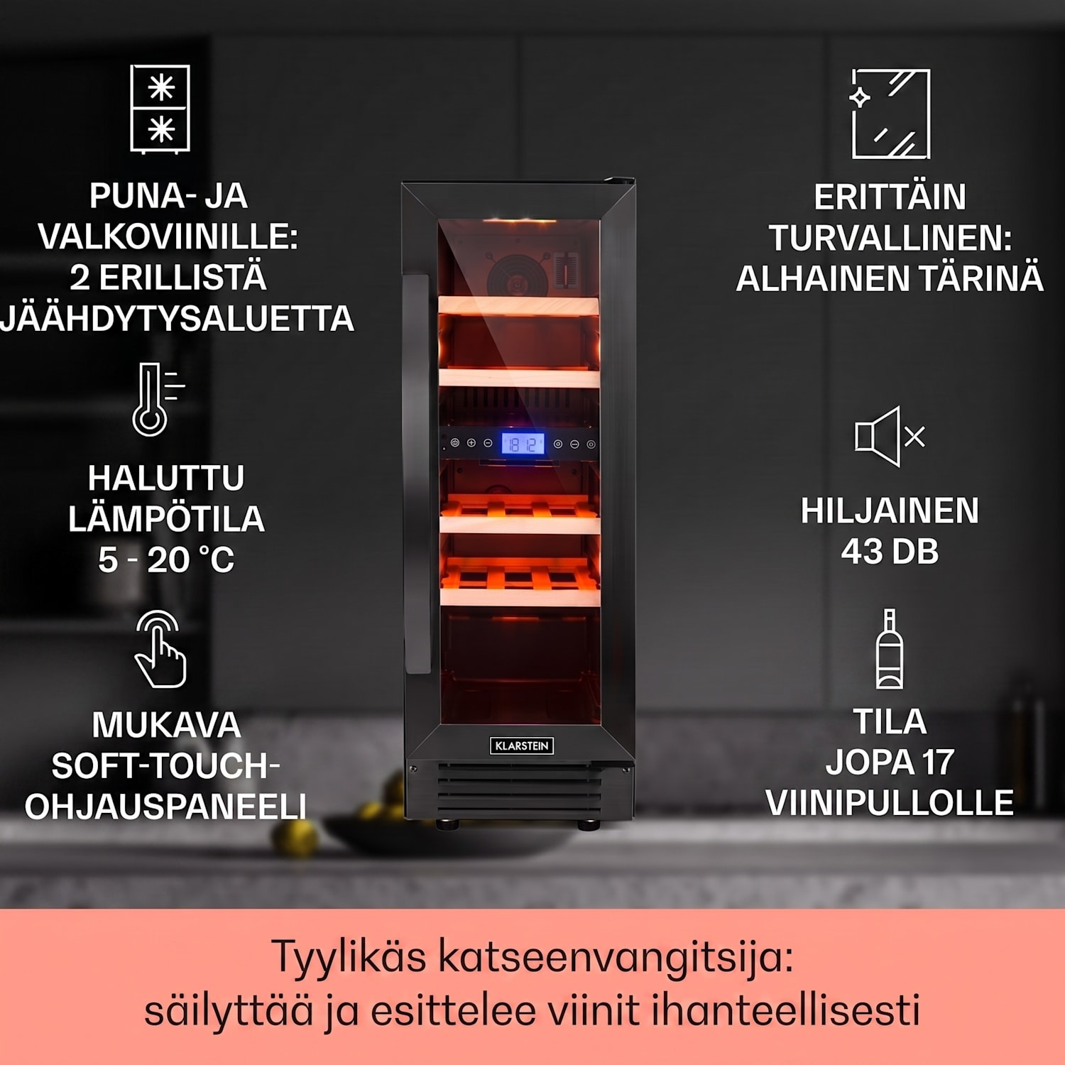 Vinovilla 17 Built-In Duo kaksialueinen viinijääkaappi 53l 17 pullolle 3 värinen lasiovi 17 pulloa | 2 jäähdytysalue | Musta