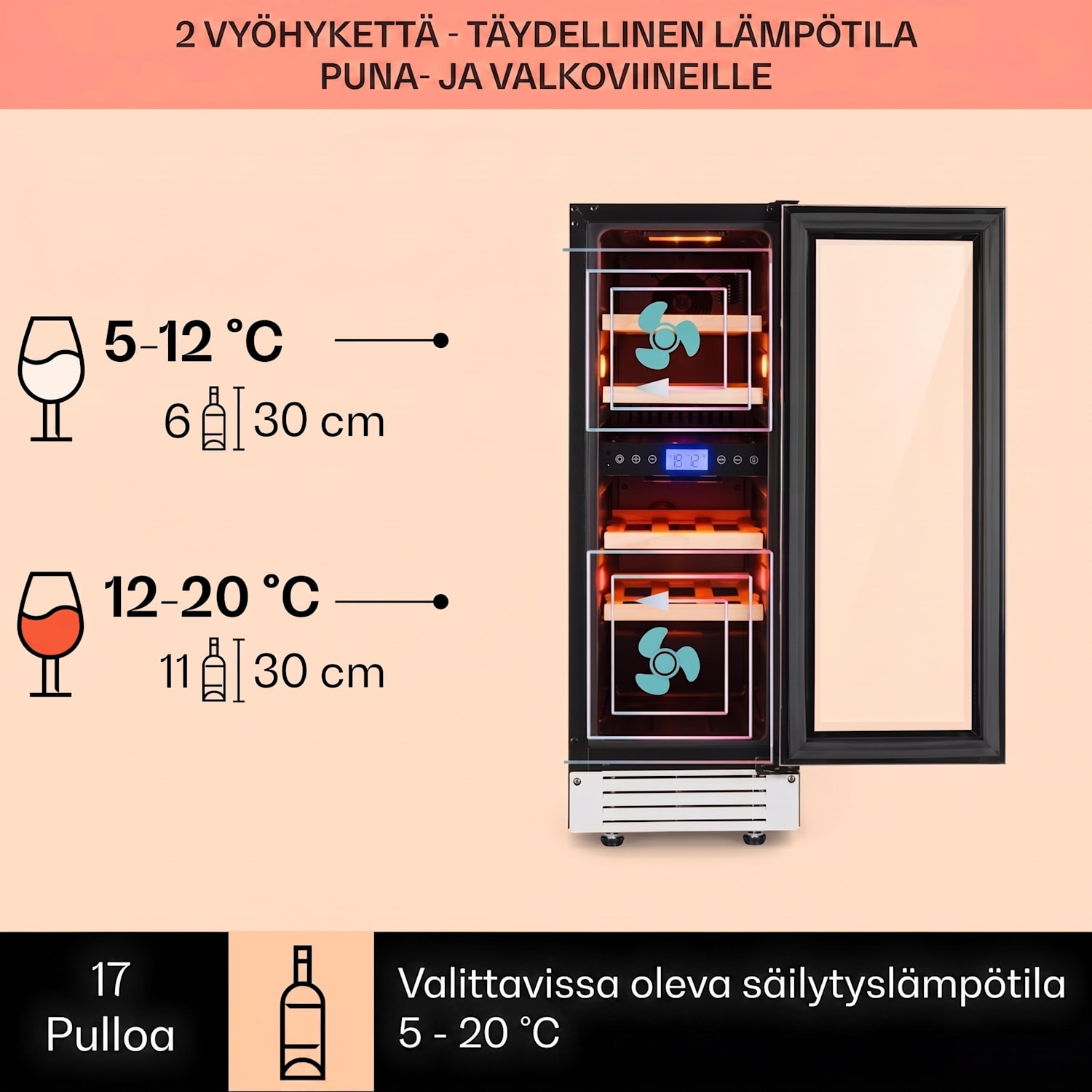 Vinovilla 17 Built-In Duo kaksialueinen viinijääkaappi 53l 17 pullolle 3 värinen lasiovi 17 pulloa | 2 jäähdytysalue | Musta