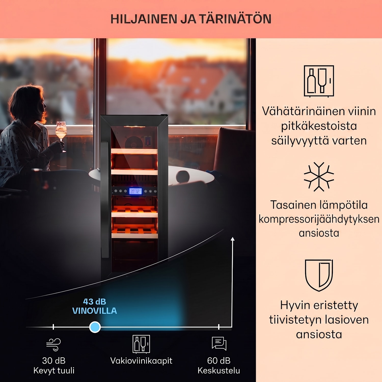 Vinovilla 17 Built-In Duo kaksialueinen viinijääkaappi 53l 17 pullolle 3 värinen lasiovi 17 pulloa | 2 jäähdytysalue | Musta