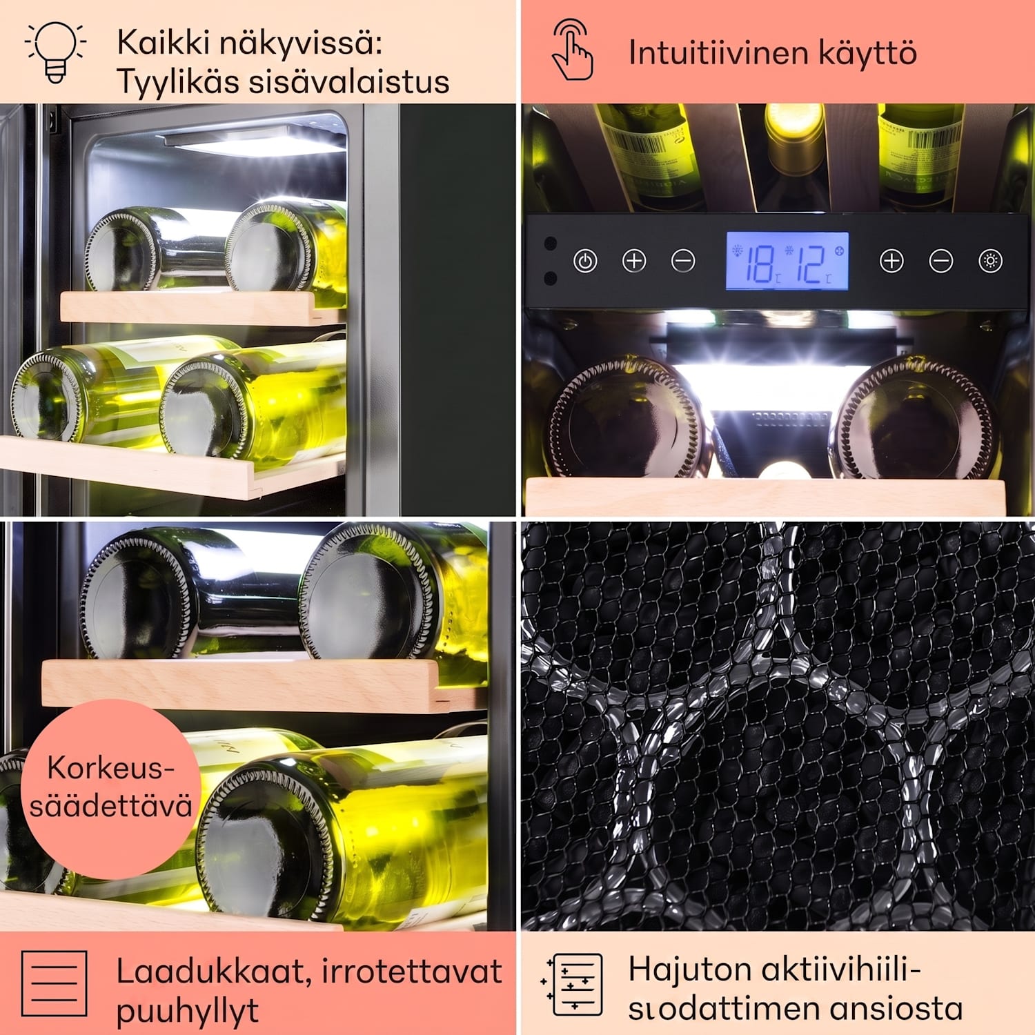 Vinovilla 17 Built-In Duo kaksialueinen viinijääkaappi 53l 17 pullolle 3 värinen lasiovi 17 pulloa | 2 jäähdytysalue | Musta