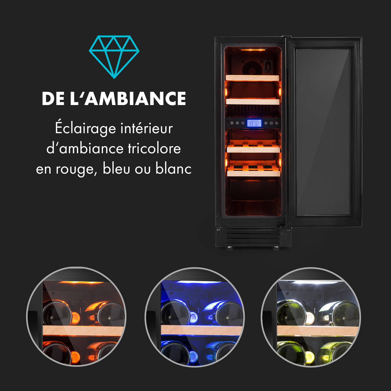 Vinovilla 17 Built-In Duo twee zones wijnkoelkast 53l 17 fl. 3-kleuren glazen deur 17 flessen | 2 koelzones | Zwart