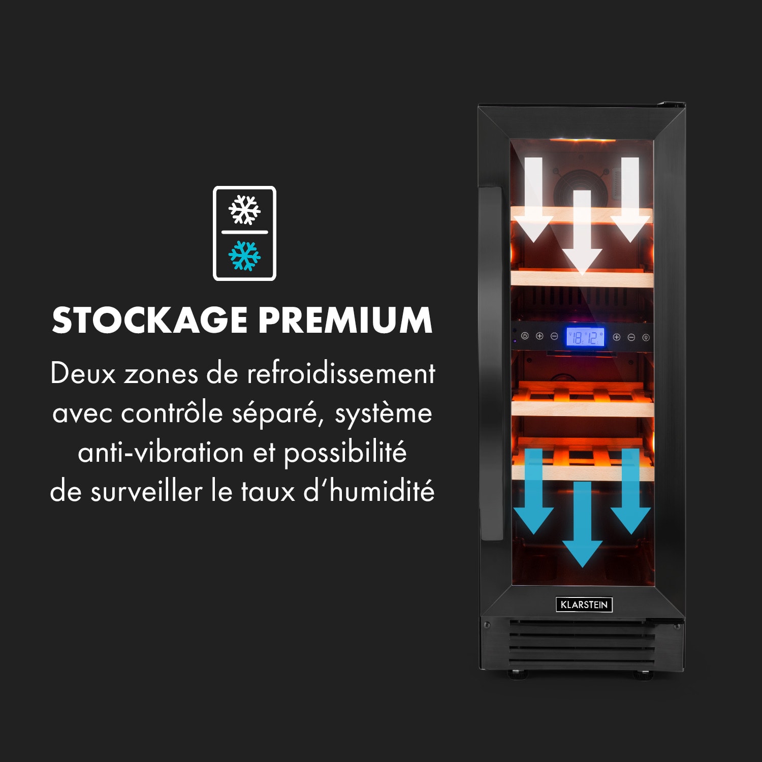 Vinovilla 17 Built-In Duo twee zones wijnkoelkast 53l 17 fl. 3-kleuren glazen deur 17 flessen | 2 koelzones | Zwart