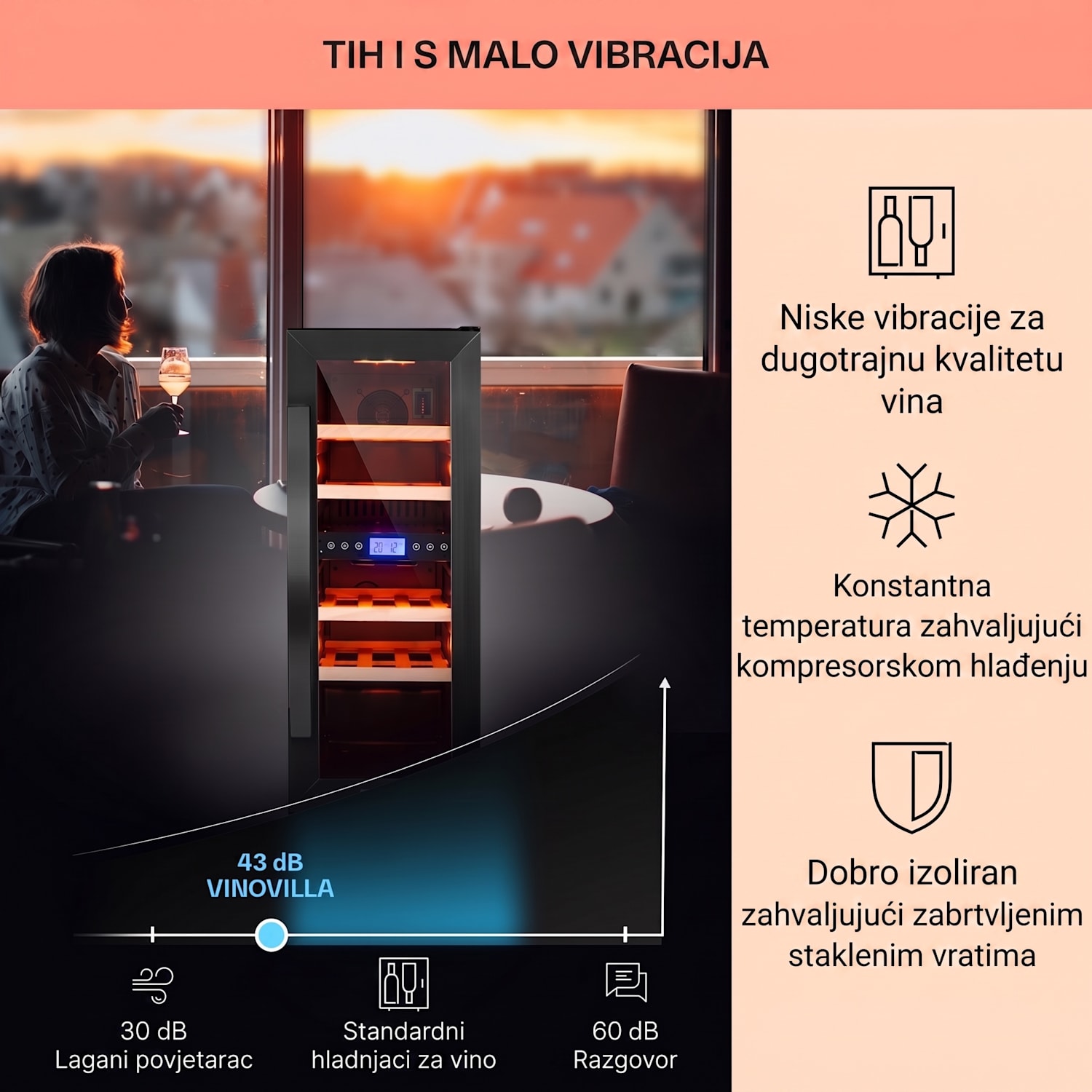 Vinovilla 17 Built-in Duo Onyx Edition, dvozonska vinoteka, 53 l, 17 boca, trobojna staklena vrata 17 boca | 2 | Crna