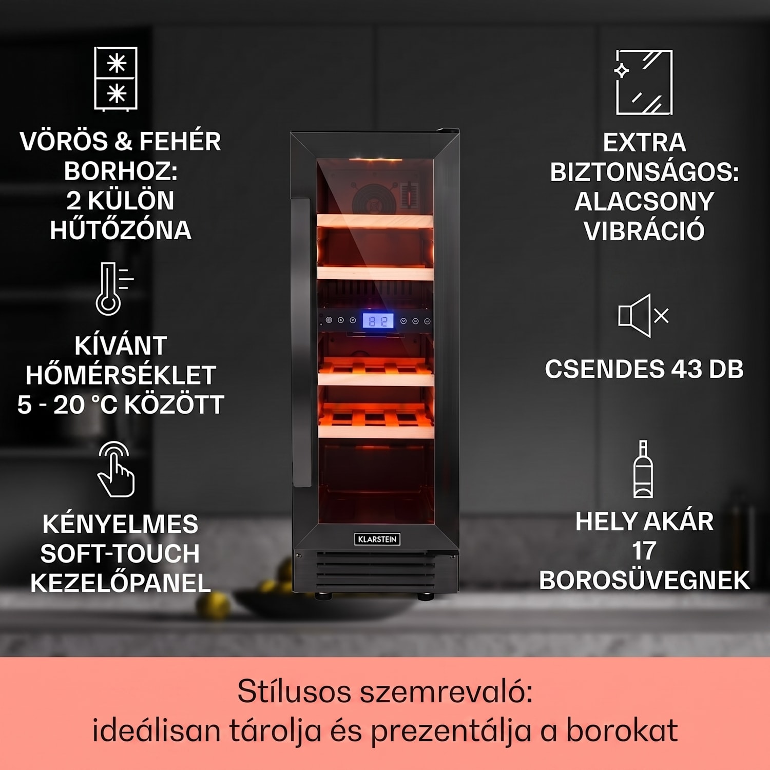 Vinovilla 17 Built-in Duo Onyx Edition, kétzónás borhűtő, 53 liter, 17 palack, 3 színű LED világítás, üvegajtó 17 palack | 2 hűtőzóna | Fekete