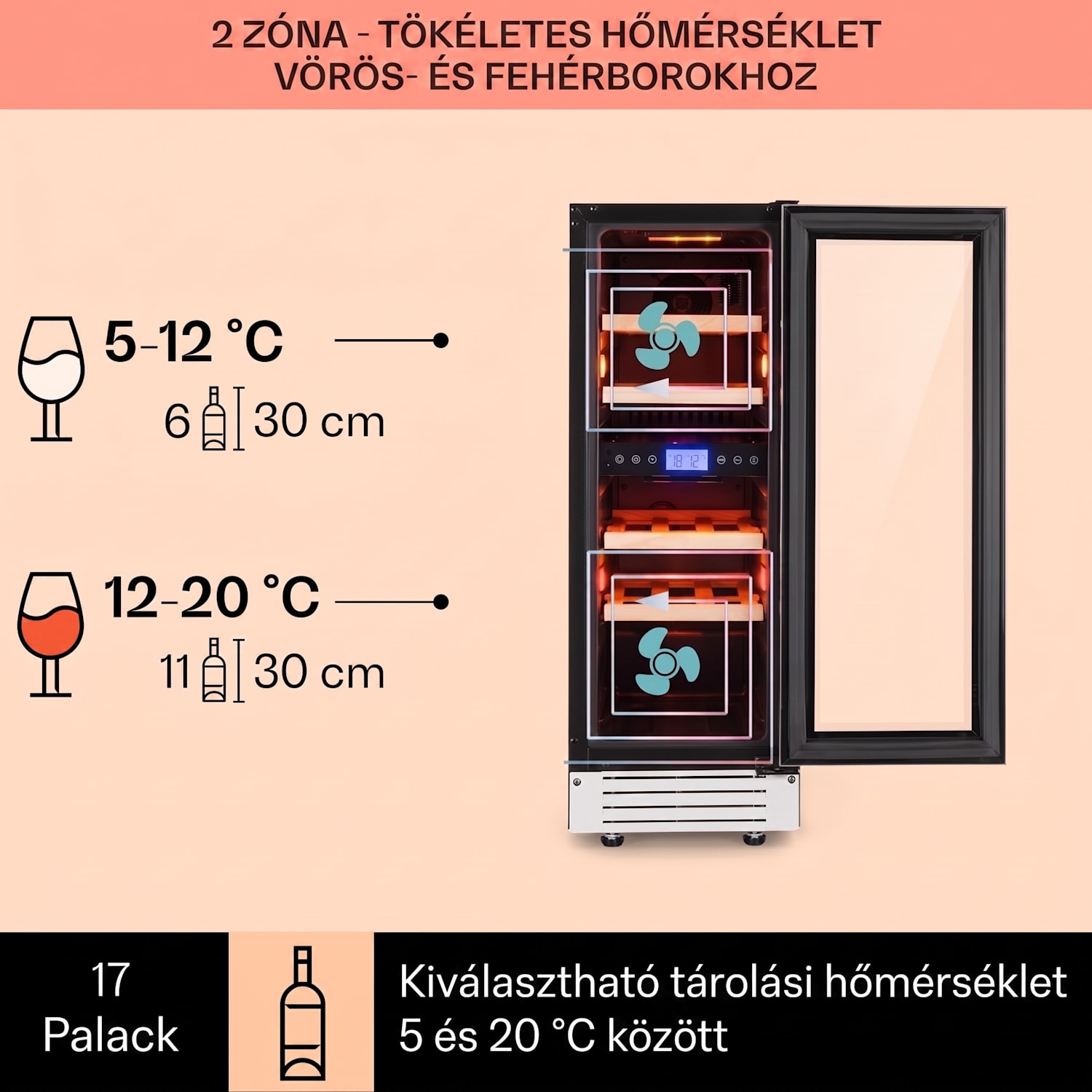 Vinovilla 17 Built-in Duo Onyx Edition, kétzónás borhűtő, 53 liter, 17 palack, 3 színű LED világítás, üvegajtó 17 palack | 2 hűtőzóna | Fekete