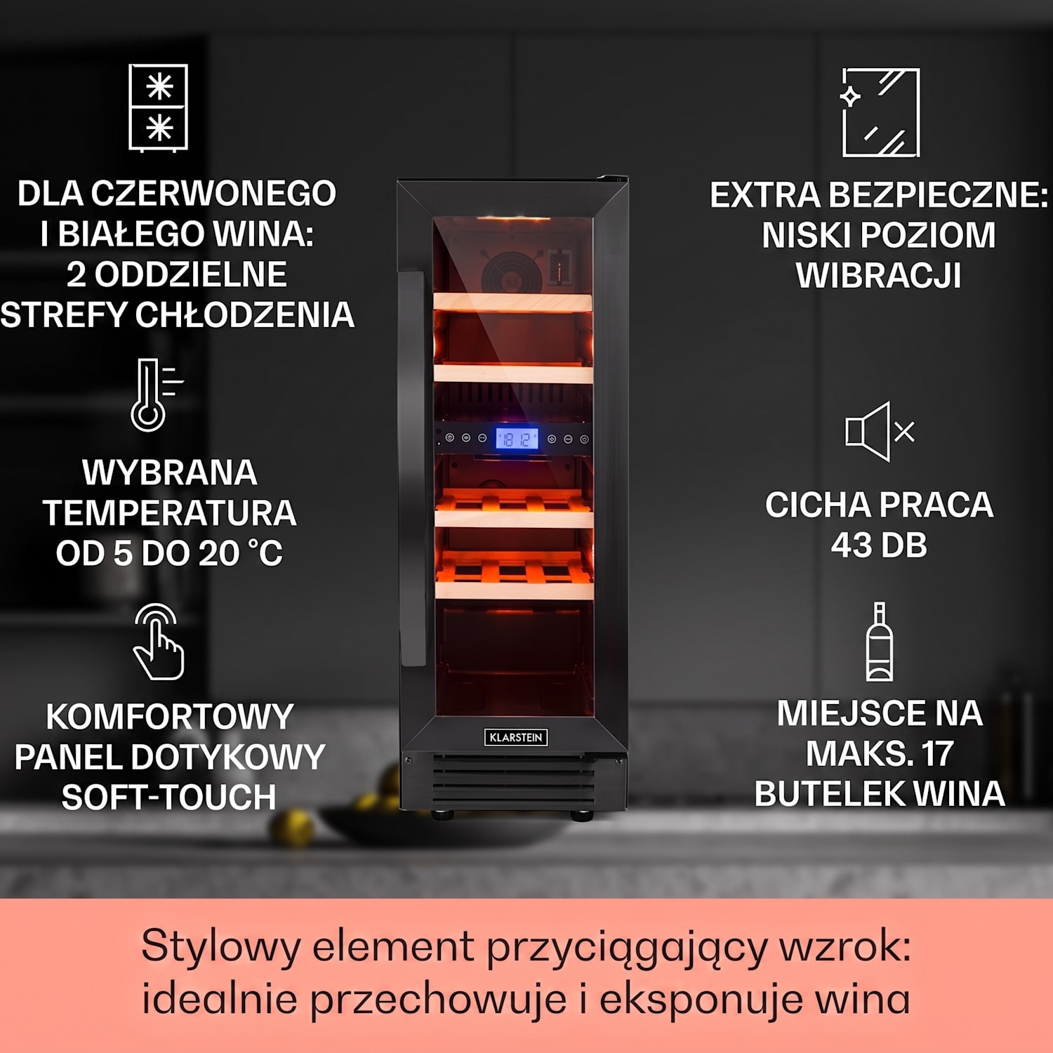 Vinovilla 17 Built-in Duo Onyx Edition, chłodziarka do wina dwustrefowa, 53 l, 17 butelek, szklane drzwi 17 butelek | 2 strefy chłodzenia | Czarny