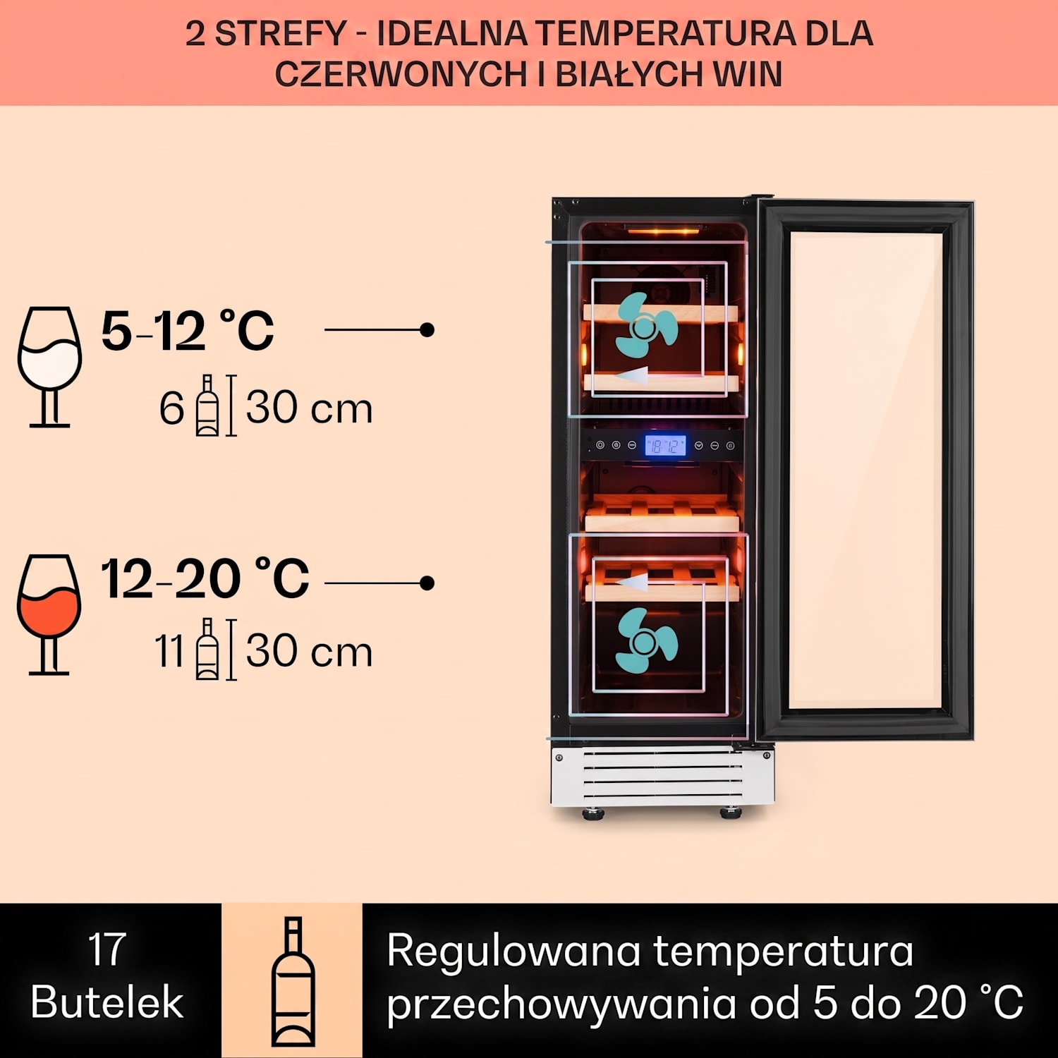 Vinovilla 17 Built-in Duo Onyx Edition, chłodziarka do wina dwustrefowa, 53 l, 17 butelek, szklane drzwi 17 butelek | 2 strefy chłodzenia | Czarny