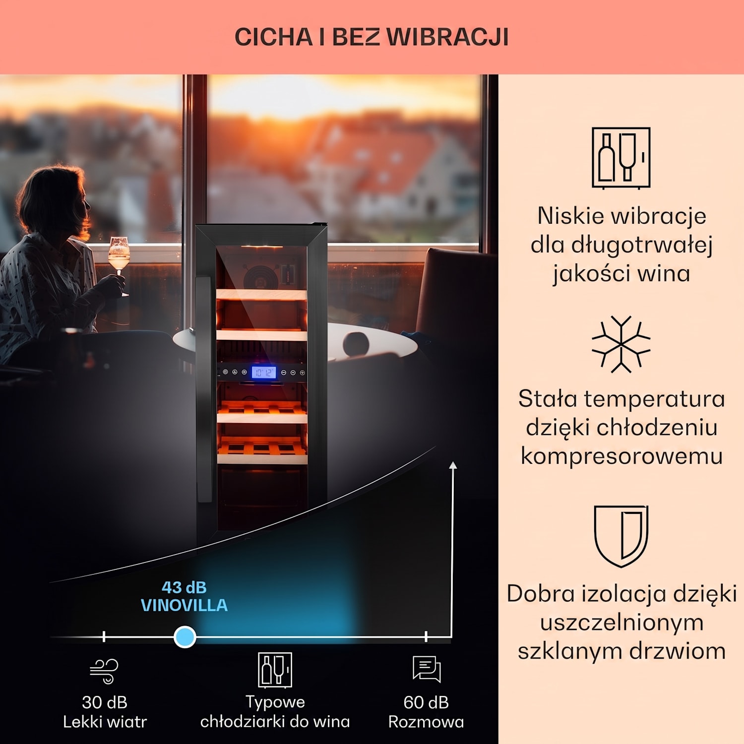 Vinovilla 17 Built-in Duo Onyx Edition, chłodziarka do wina dwustrefowa, 53 l, 17 butelek, szklane drzwi 17 butelek | 2 strefy chłodzenia | Czarny