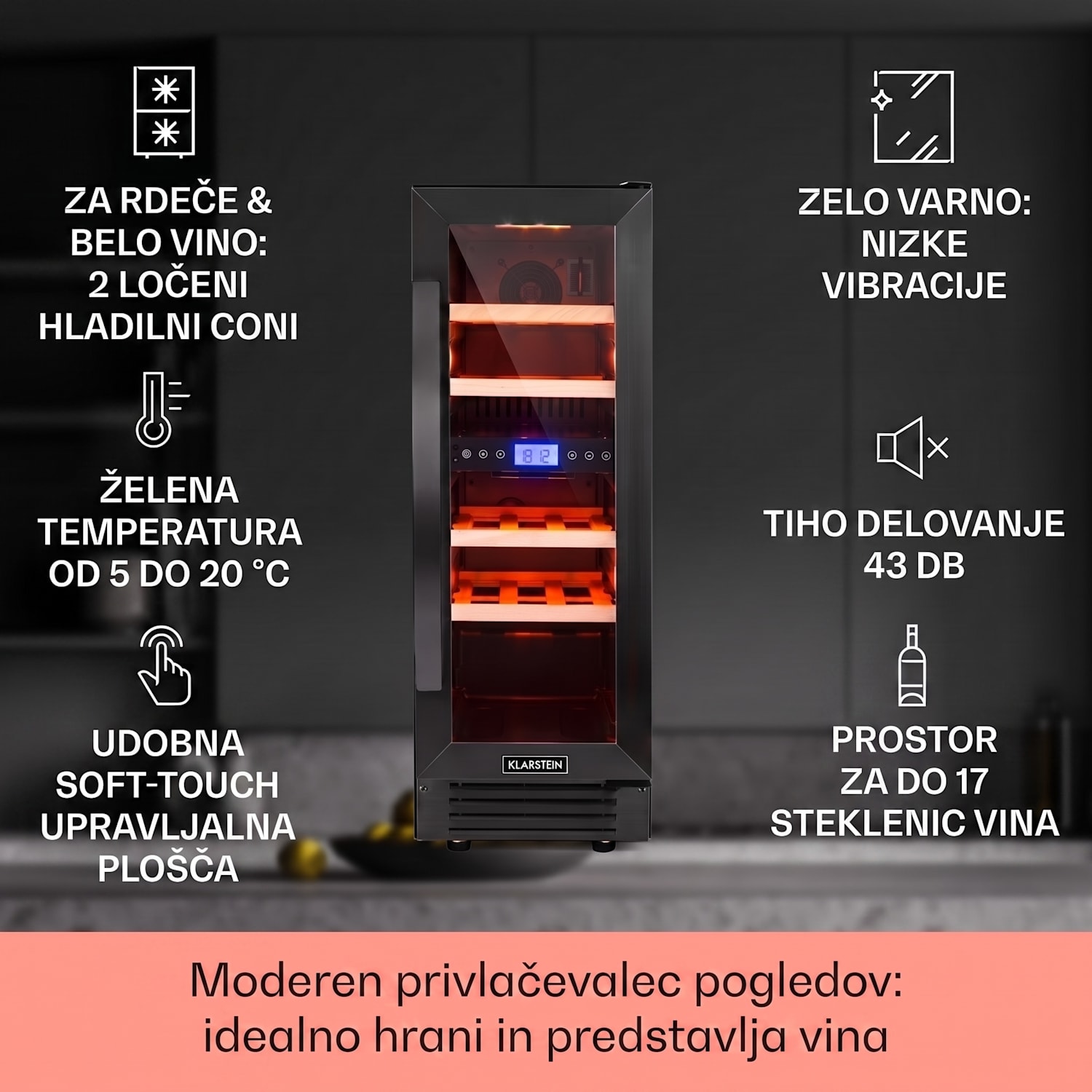 Vinovilla 17 Built-in Duo Onyx Edition, dvoconska vinska omara, 53 l, 17 steklenic, 3-barvna steklena vrata 17 steklenic | 2 | Črna
