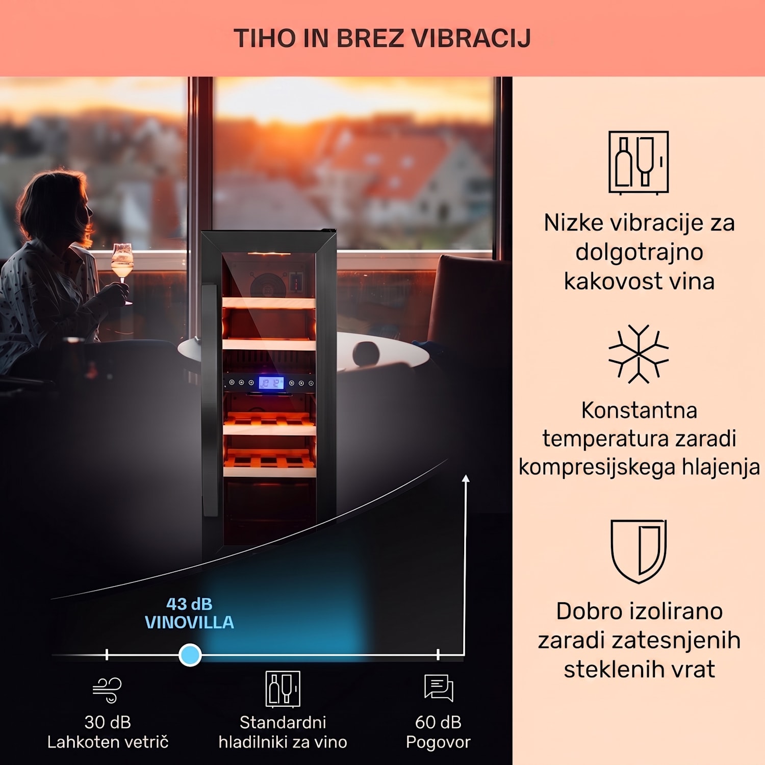 Vinovilla 17 Built-in Duo Onyx Edition, dvoconska vinska omara, 53 l, 17 steklenic, 3-barvna steklena vrata 17 steklenic | 2 | Črna