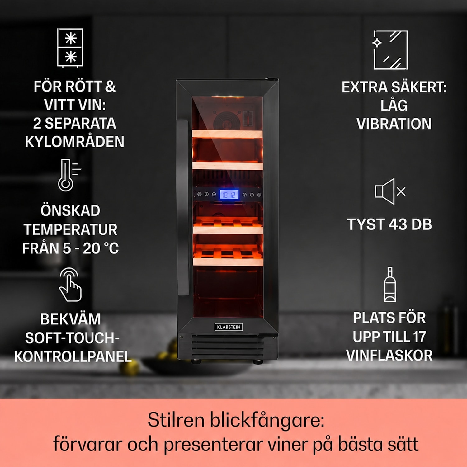 Vinovilla 17 Built-In Duo Vinkylskåp med två zoner 53l 17 fl 3 färger glasdörr 