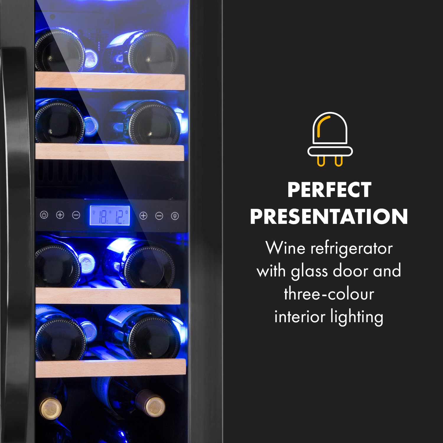 Vinovilla 17 Built-in Duo Onyx Edition, kétzónás borhűtő, 53 liter, 17 palack, 3 színű LED világítás, üvegajtó 17 palack | 2 hűtőzóna | Fekete