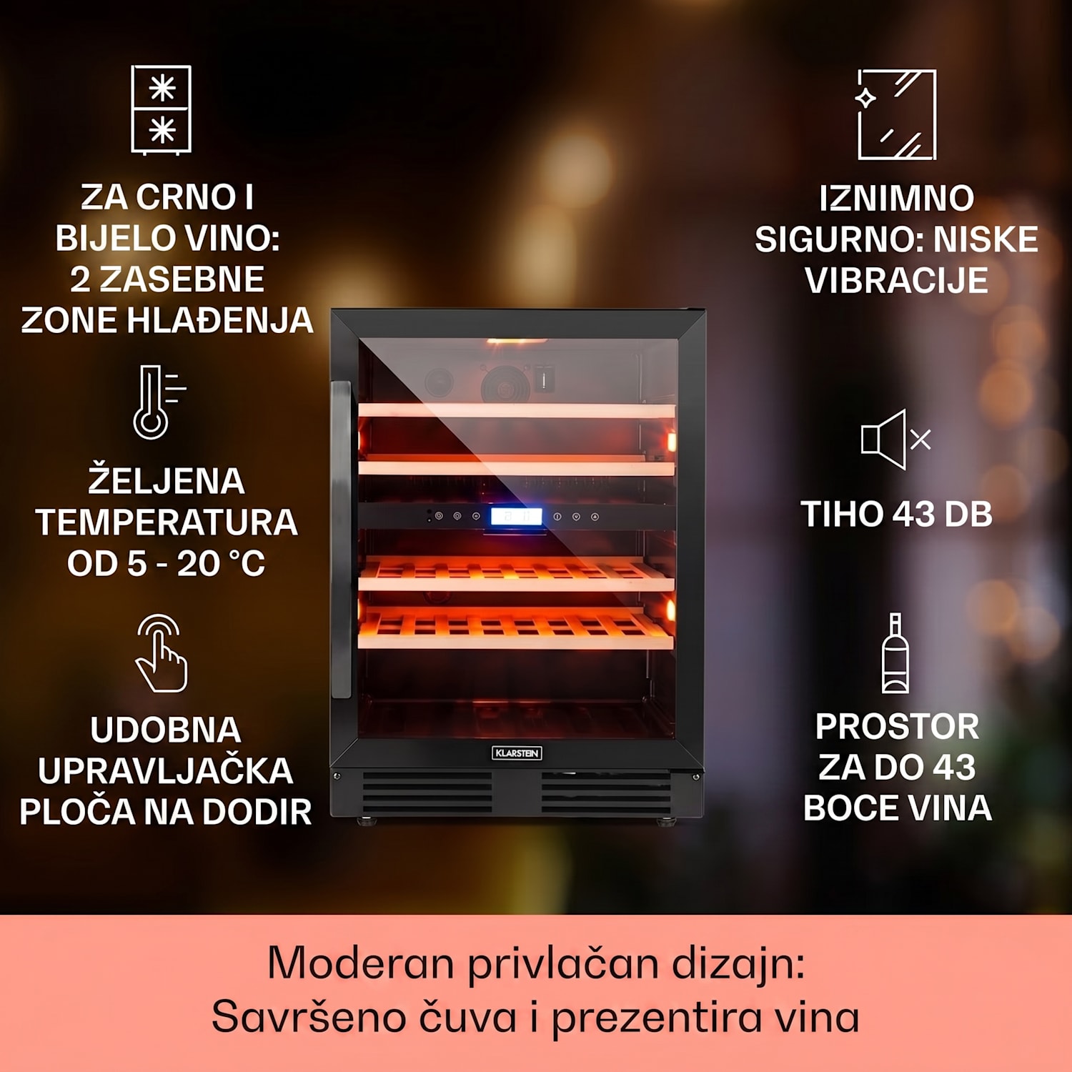 Vinovilla Onyx 43, dvozonska vinoteka, 129 L, 43 fliaš, 3 boje 43 boce | 2 | Crna