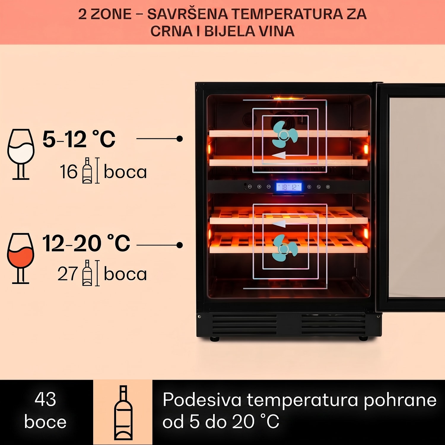 Vinovilla Onyx 43, dvozonska vinoteka, 129 L, 43 fliaš, 3 boje 43 boce | 2 | Crna