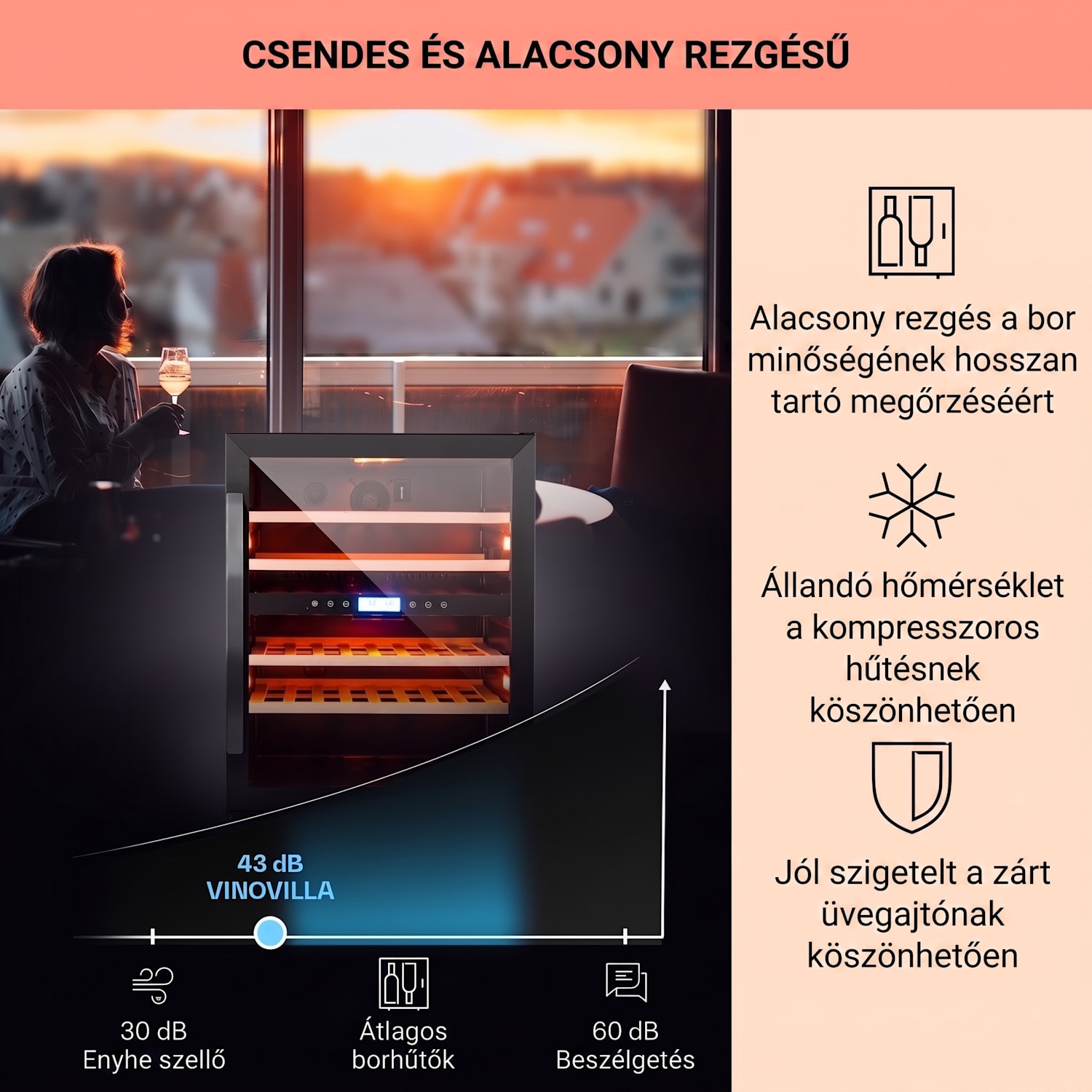 Vinovilla Onyx 43, kétzónás borhűtő, 129 liter, 43 palack, 3 színű LED világítás 43 palack | 2 hűtőzóna | Fekete