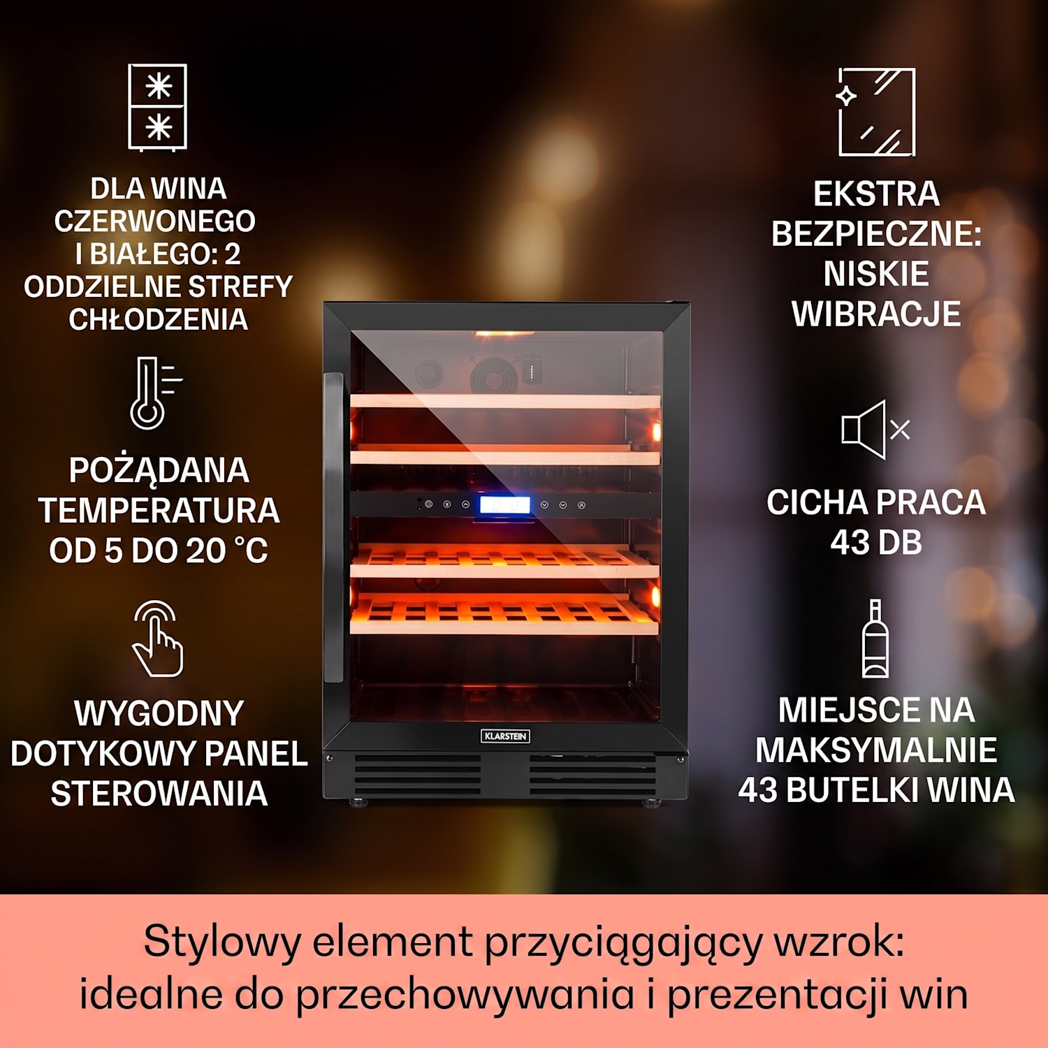Vinovilla Onyx 43, chłodziarka do wina, dwustrefowa, 129 l, 43 butelki 43 butelki | 2 strefy chłodzenia | Czarny