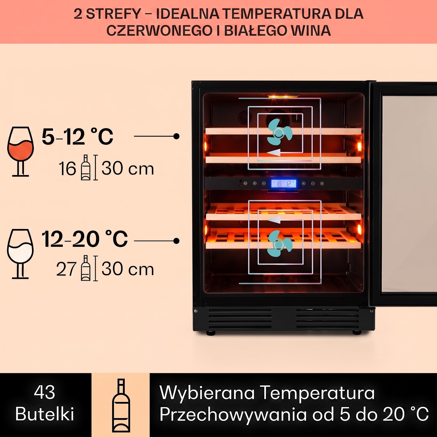 Vinovilla Onyx 43, chłodziarka do wina, dwustrefowa, 129 l, 43 butelki 43 butelki | 2 strefy chłodzenia | Czarny