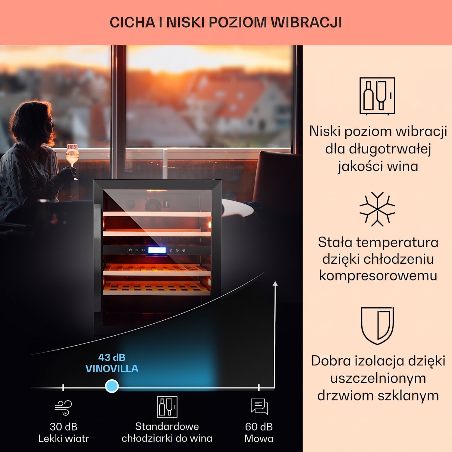 Vinovilla Onyx 43, chłodziarka do wina, dwustrefowa, 129 l, 43 butelki 43 butelki | 2 strefy chłodzenia | Czarny