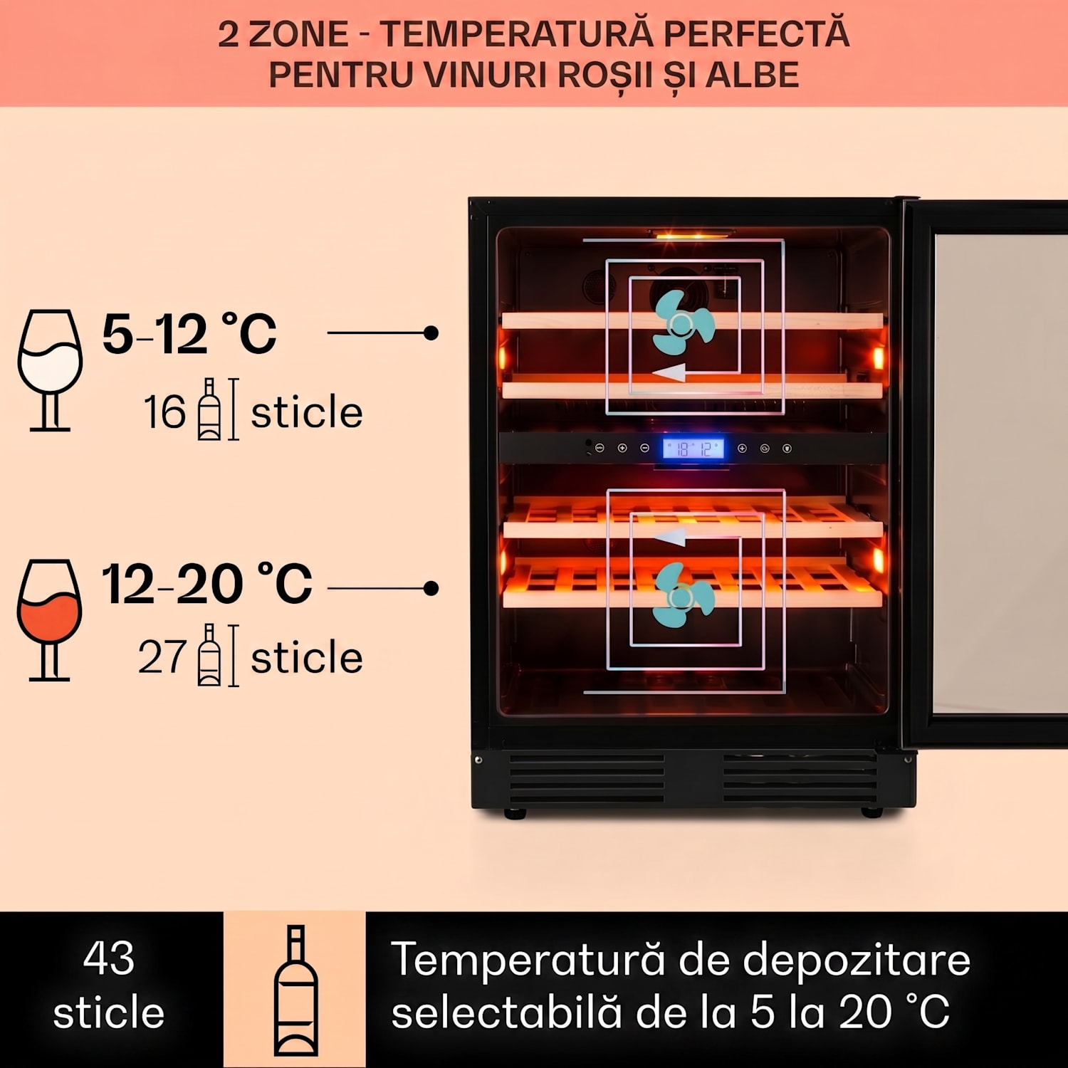 Vinovilla  Onyx 43, frigider pentru vin cu două zone, 129 l, 43 de sticle, 3 culori 43 de sticle | 2 | Negru
