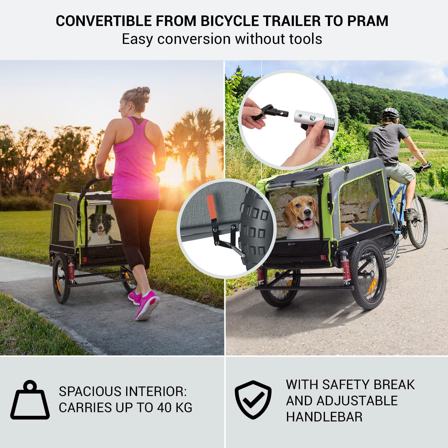 Husky Vario, 2 az 1-ben, kutya utánfutó, kutyaszállító kocsi, kb. 240L, 600D, Oxford, zöld Lime zöld