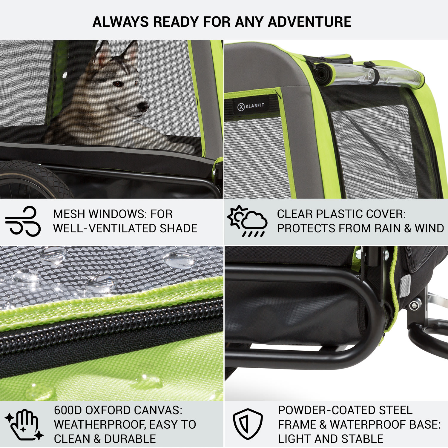 Husky Vario, 2 az 1-ben, kutya utánfutó, kutyaszállító kocsi, kb. 240L, 600D, Oxford, zöld Lime zöld