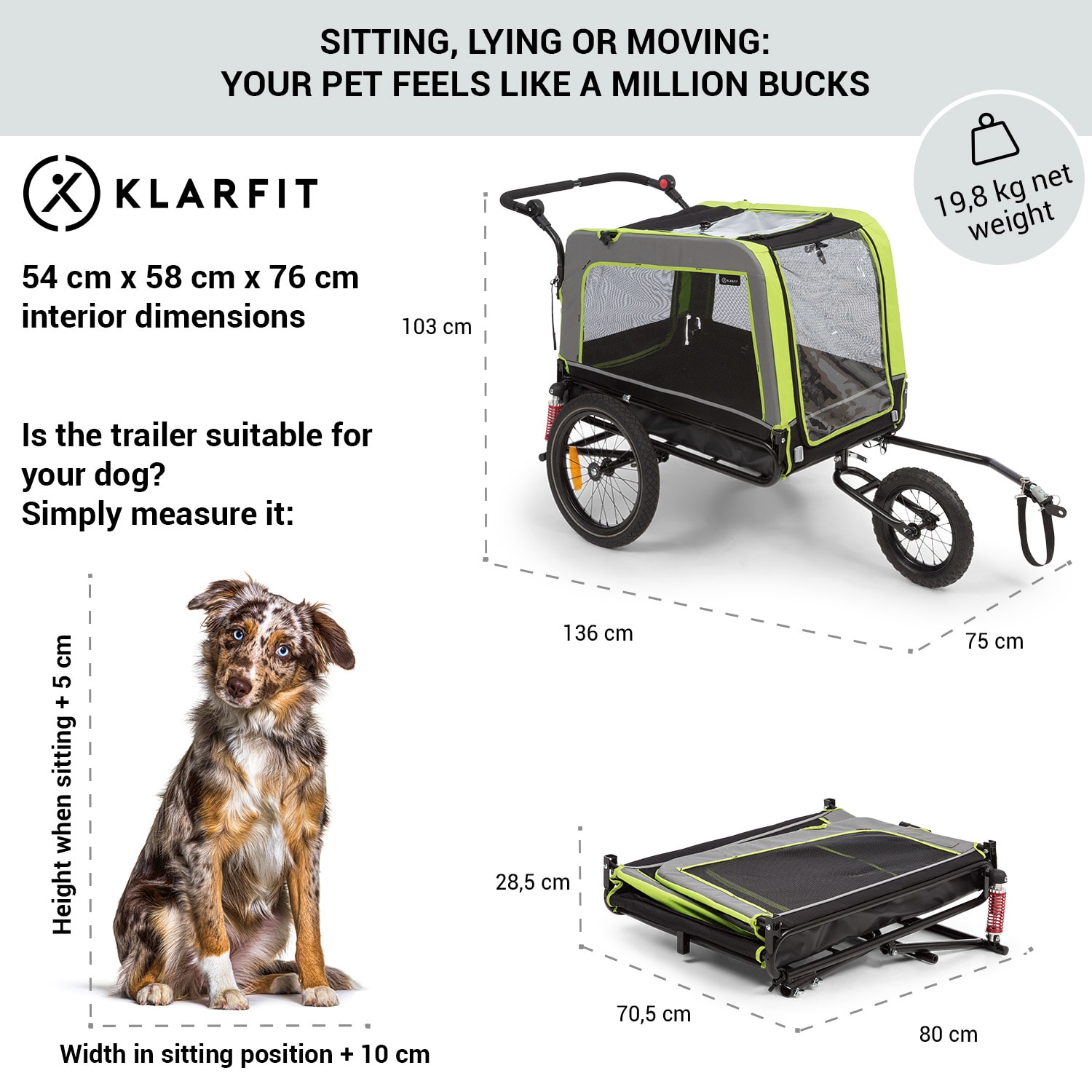 Husky Vario, 2 az 1-ben, kutya utánfutó, kutyaszállító kocsi, kb. 240L, 600D, Oxford, zöld Lime zöld