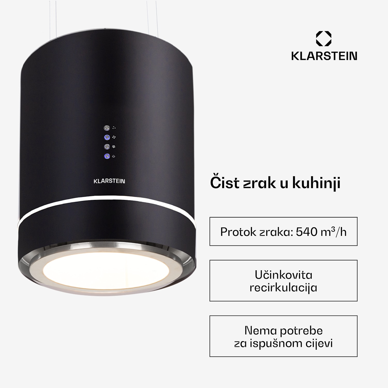 Tron Ambience otočna kuhinjska napa, Ø 38 cm, recirkulacija 540 m³/h, LED, crna Crna