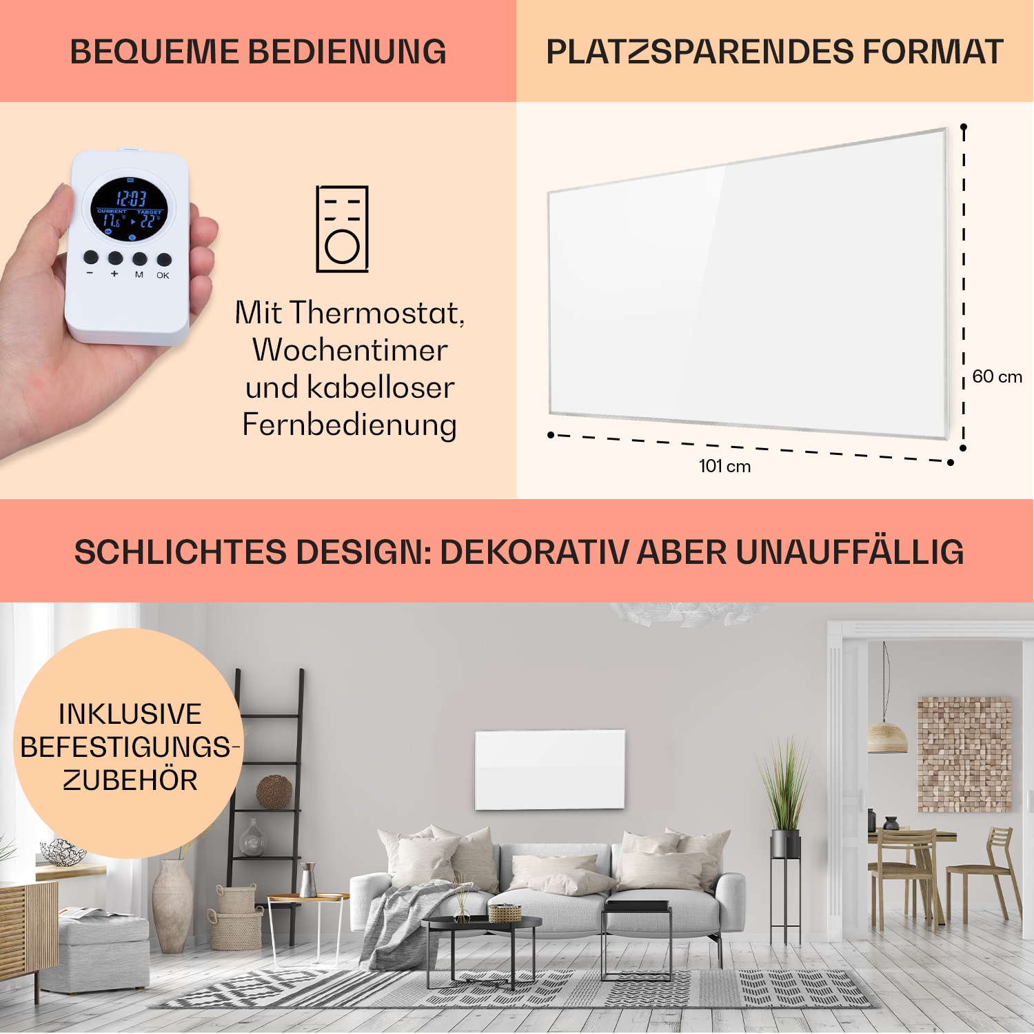 Wonderwall Air 60 Infrarotheizung 101x60cm 600W Wandinstallation Fernbedienung 101 x 60 cm
