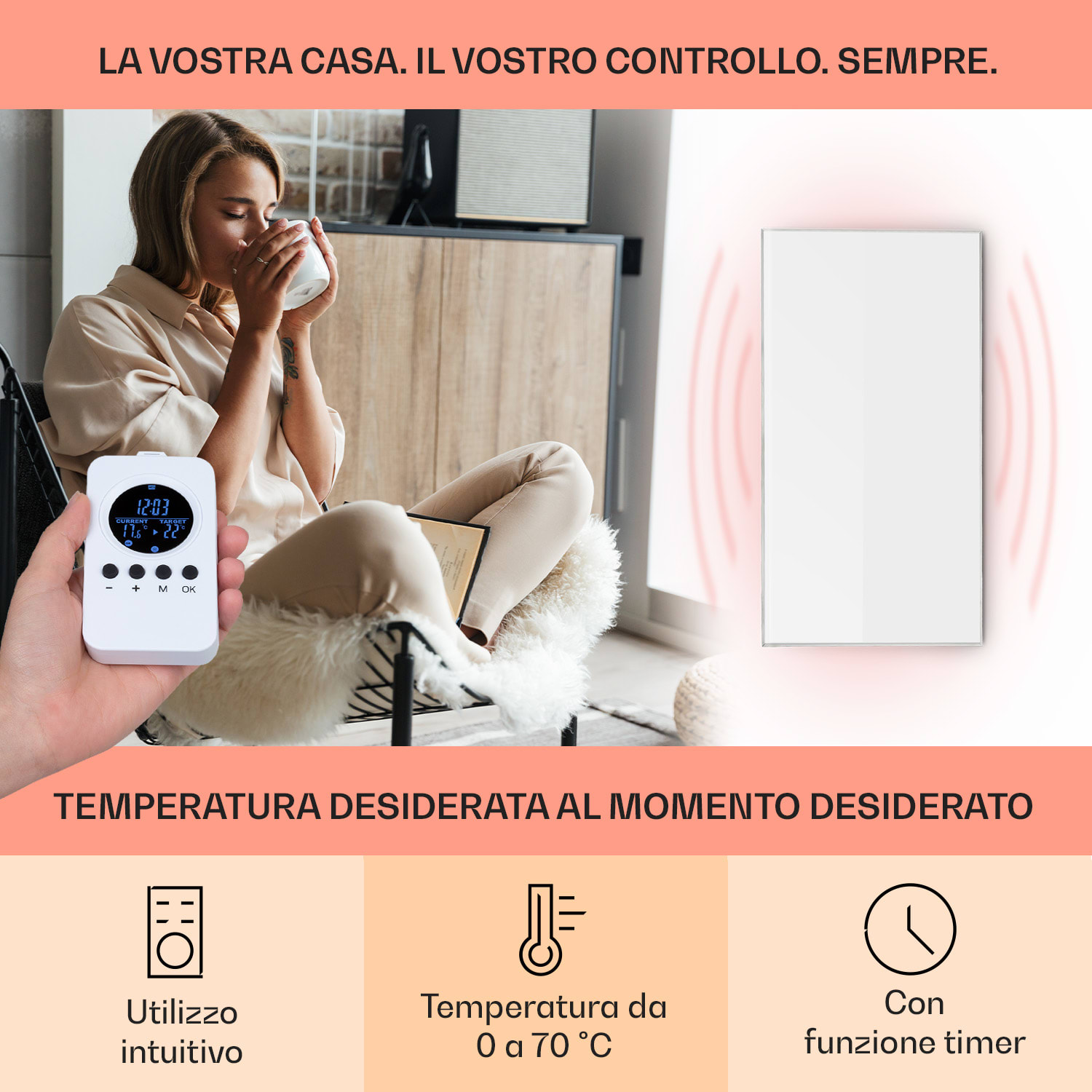 Wonderwall Air 60 - Pannello riscaldante a infrarossi, 101 x 60 cm, 600W, installazione a parete, telecomando 101 x 60 cm