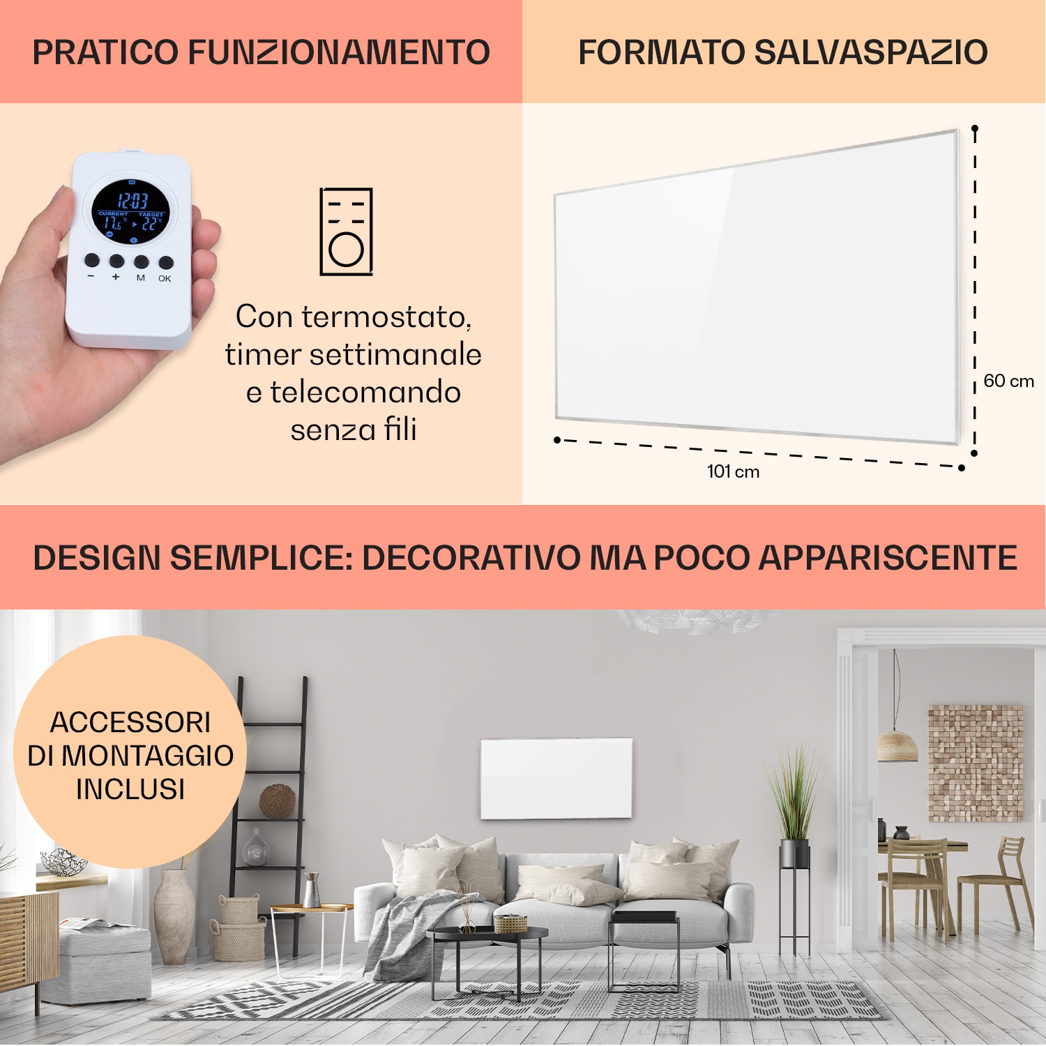 Wonderwall Air 60 - Pannello riscaldante a infrarossi, 101 x 60 cm, 600W, installazione a parete, telecomando 101 x 60 cm