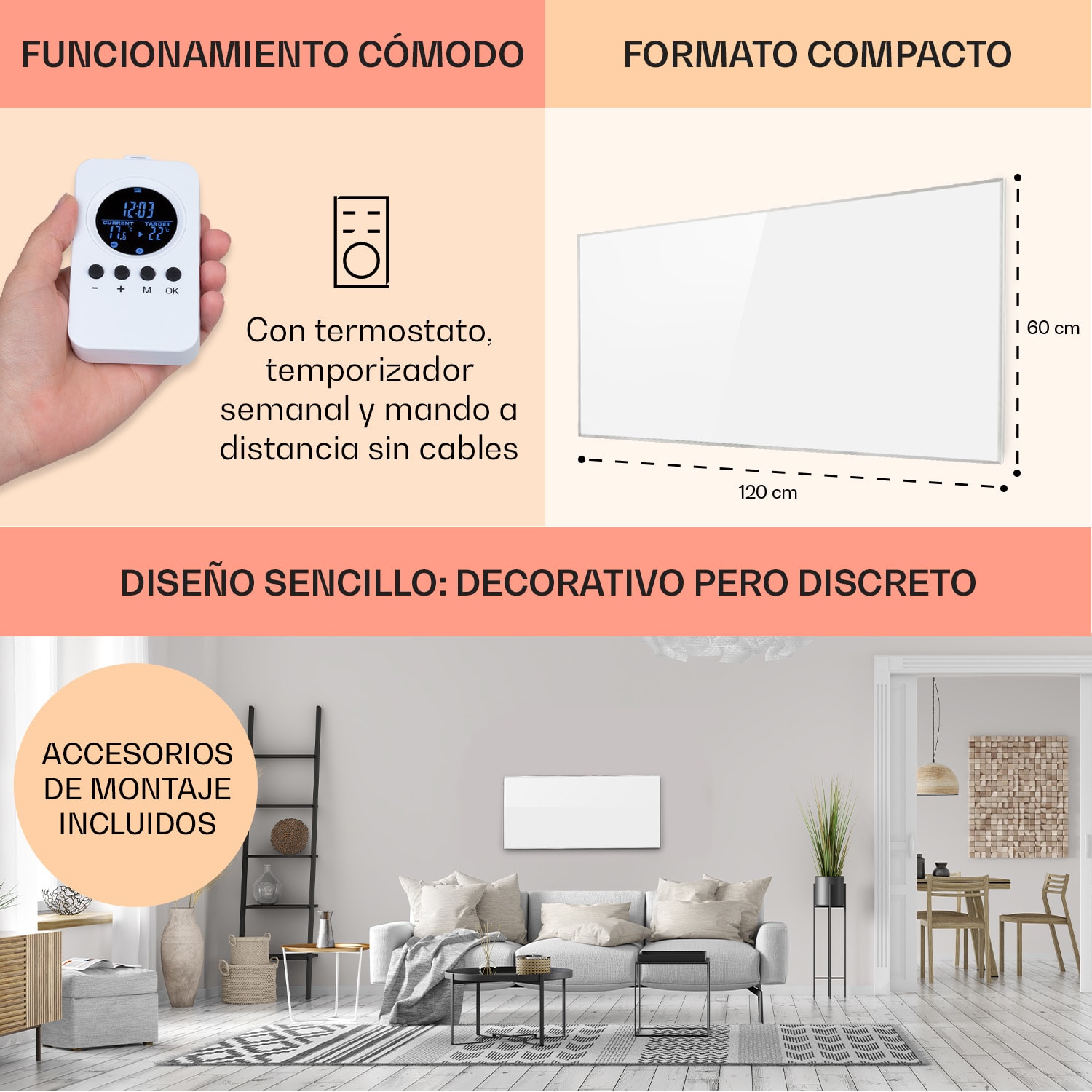 Wonderwall Air 72 calefactor de infrarrojos 120x60cm 720W instalación en la pared mando a distancia 120 x 60 cm