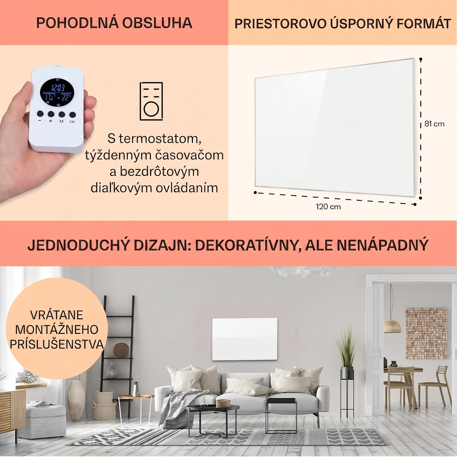 Wonderwall Air 96, infračervený ohrievač, 120 x 81 cm, 960 W, nástenná montáž, diaľkový ovládač, biely 120 x 80 cm | 960 W | Nie