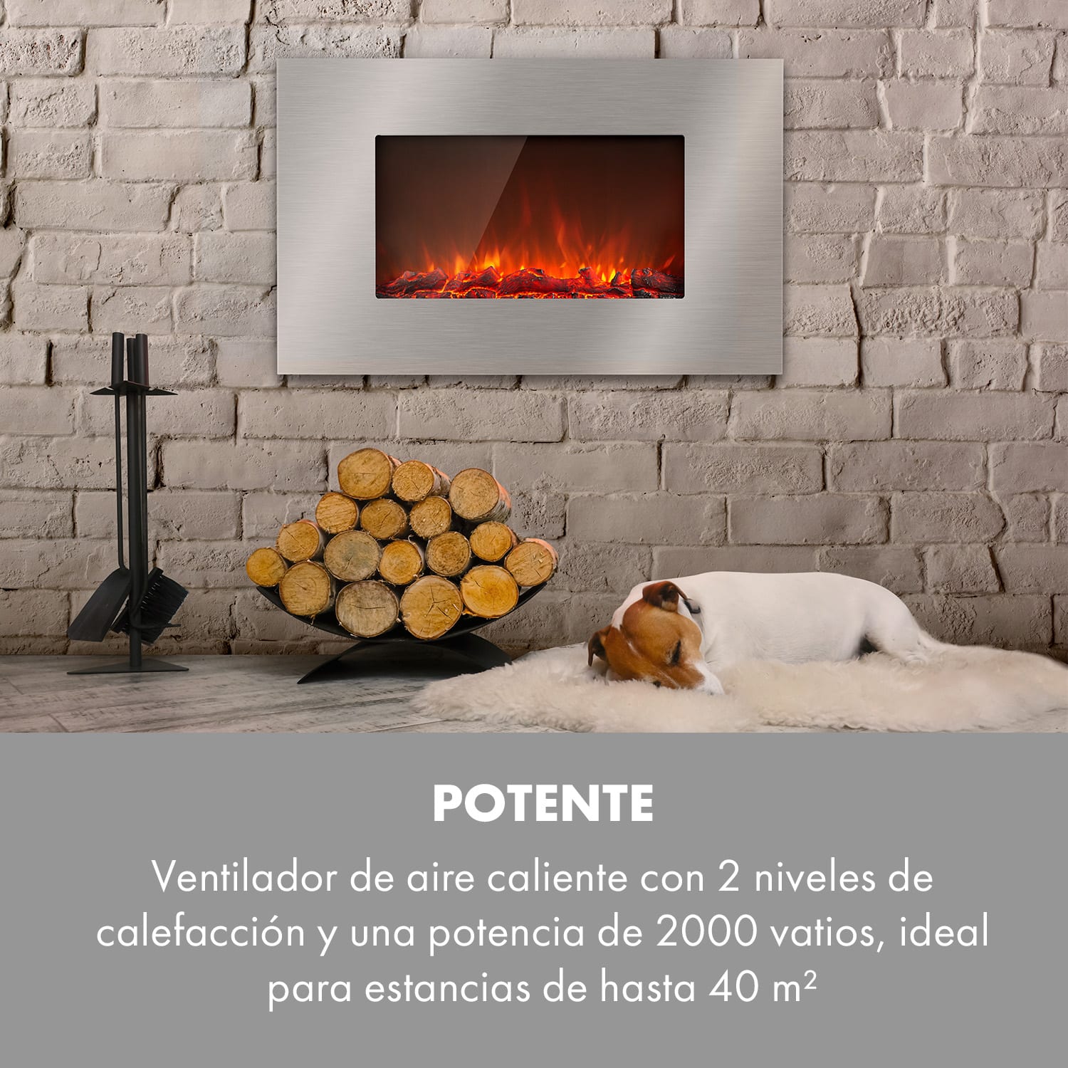 Chimenea eléctrica Lausanne Luxe 2000W 2 ajustes de calor 90 cm acero inoxidable 