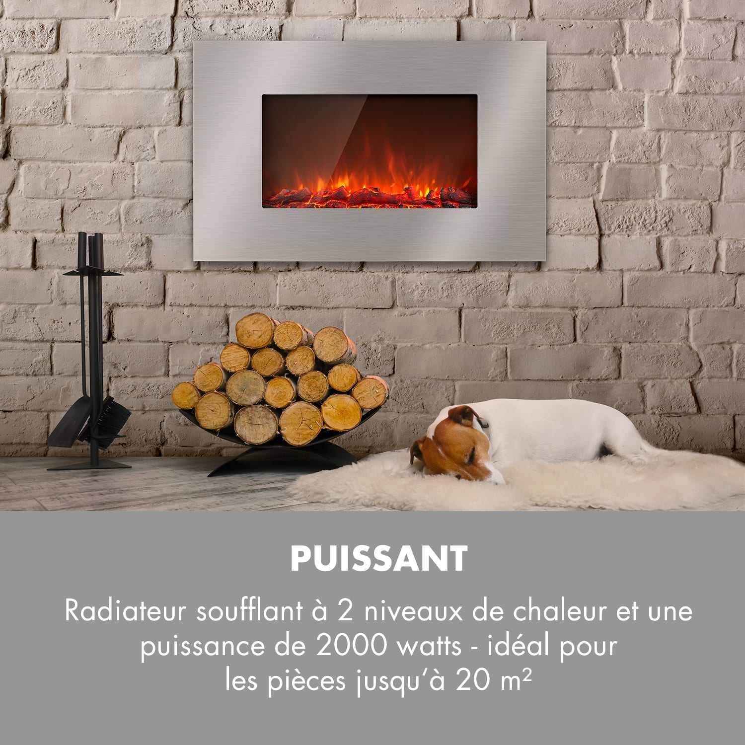 Lausanne Luxe elektrische haard 2000W 2 warmtestanden 90 cm roestvrij staal 2000 W | Horizontaal | Zilver