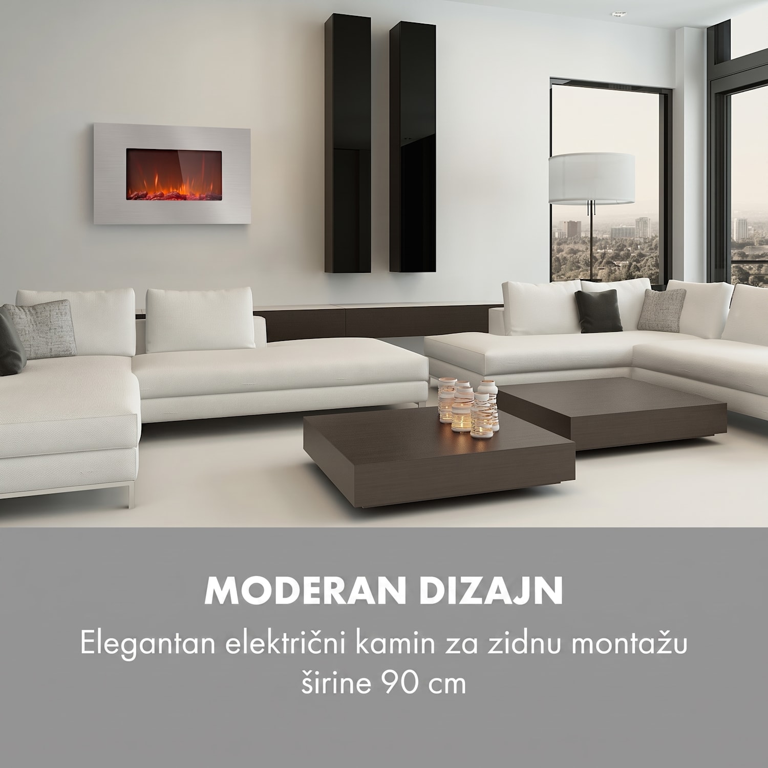 Lausanne Luxe, električni kamin, 2000W, 2 postavke temperature, 90 cm, nehrđajući čelik 2000 W | Horizontalno | Srebro