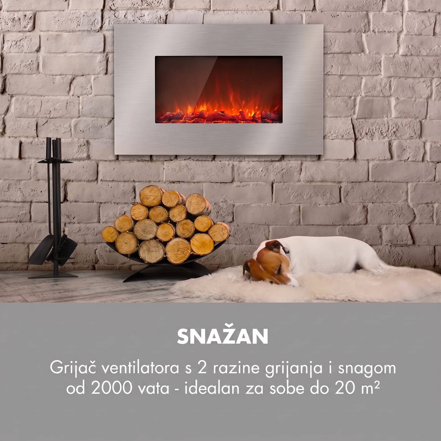 Lausanne Luxe, električni kamin, 2000W, 2 postavke temperature, 90 cm, nehrđajući čelik 2000 W | Horizontalno | Srebro