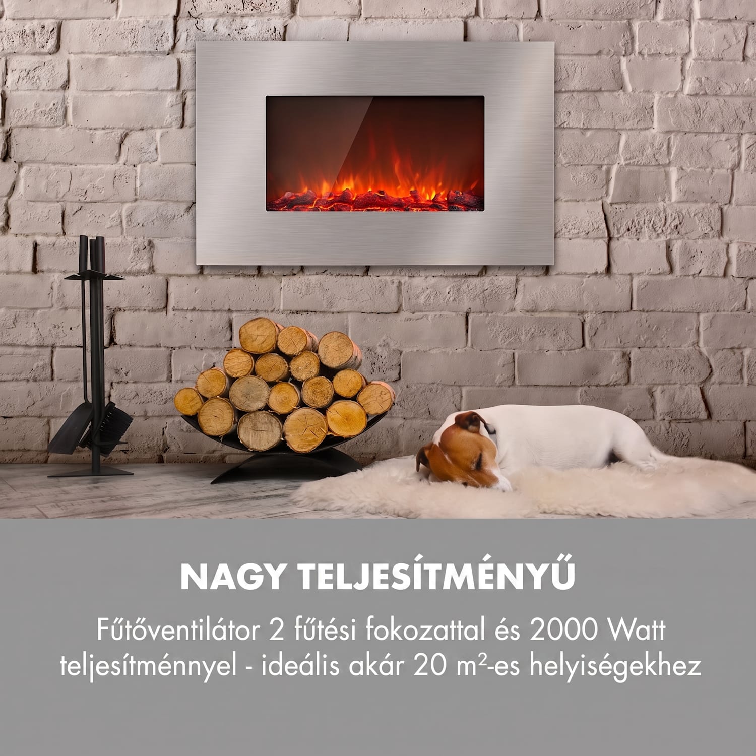 Lausanne Luxe, elektromos kandalló, 2000 W, 2 fűtési fokozat, 90 cm, rozsdamentes acél 