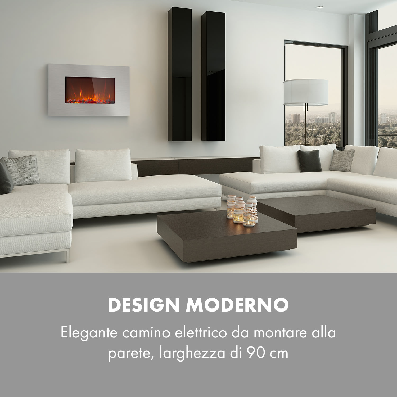 Lausanne Luxe - Camino elettrico, 2000 W, 2 livelli riscaldanti, 90 cm, acciaio inox 2000 W | Orizzontale | Argento