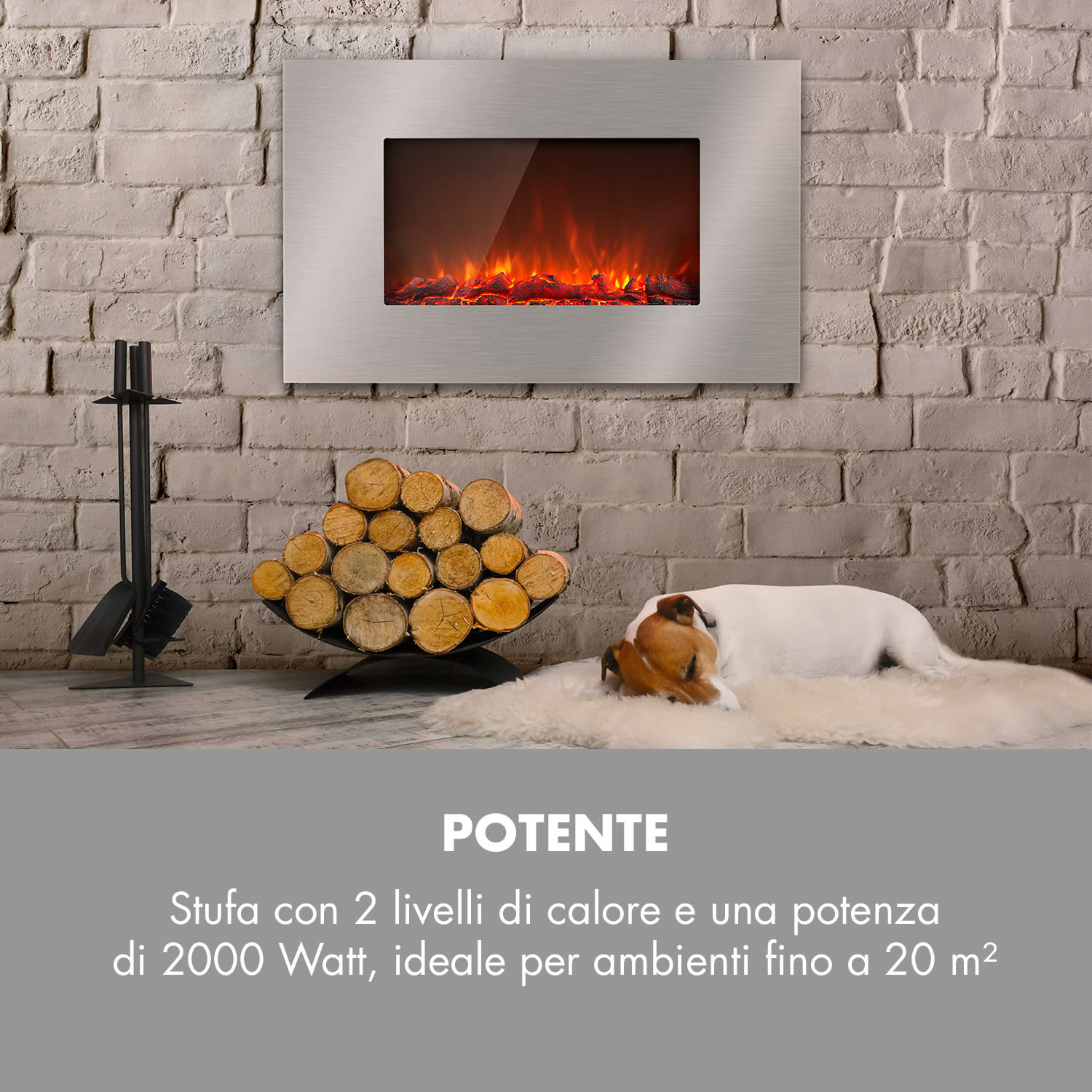 Lausanne Luxe - Camino elettrico, 2000 W, 2 livelli riscaldanti, 90 cm, acciaio inox 2000 W | Orizzontale | Argento