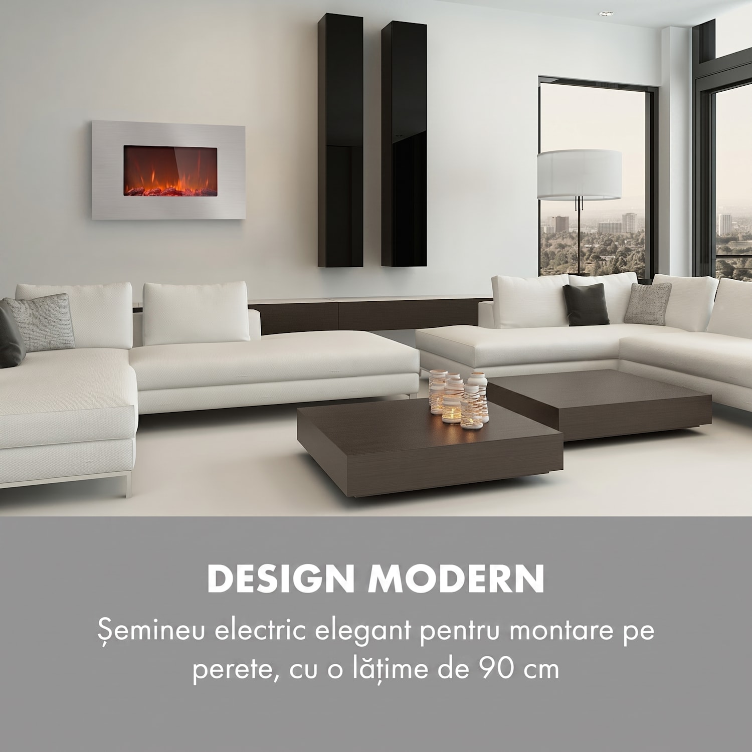 Lausanne Luxe, Șemineu electric, 2000W, 2 setări de temperatură, 90 cm, oțel inoxidabil 