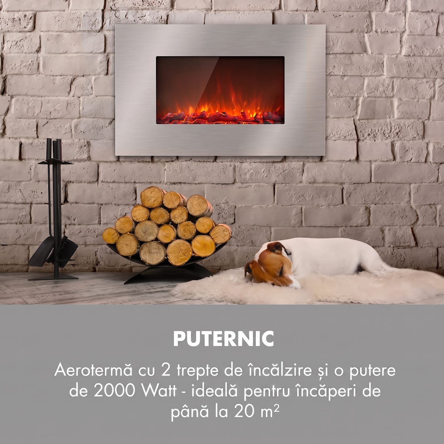 Lausanne Luxe, Șemineu electric, 2000W, 2 setări de temperatură, 90 cm, oțel inoxidabil 