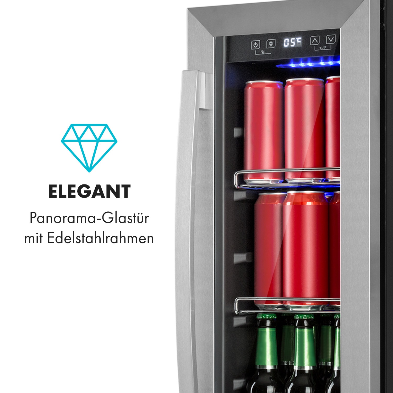 Beerlager 56 Getränkekühlschrank 56l 20 Fl. Glastür Touch-Bedienfeld Edelstah 56 Ltr