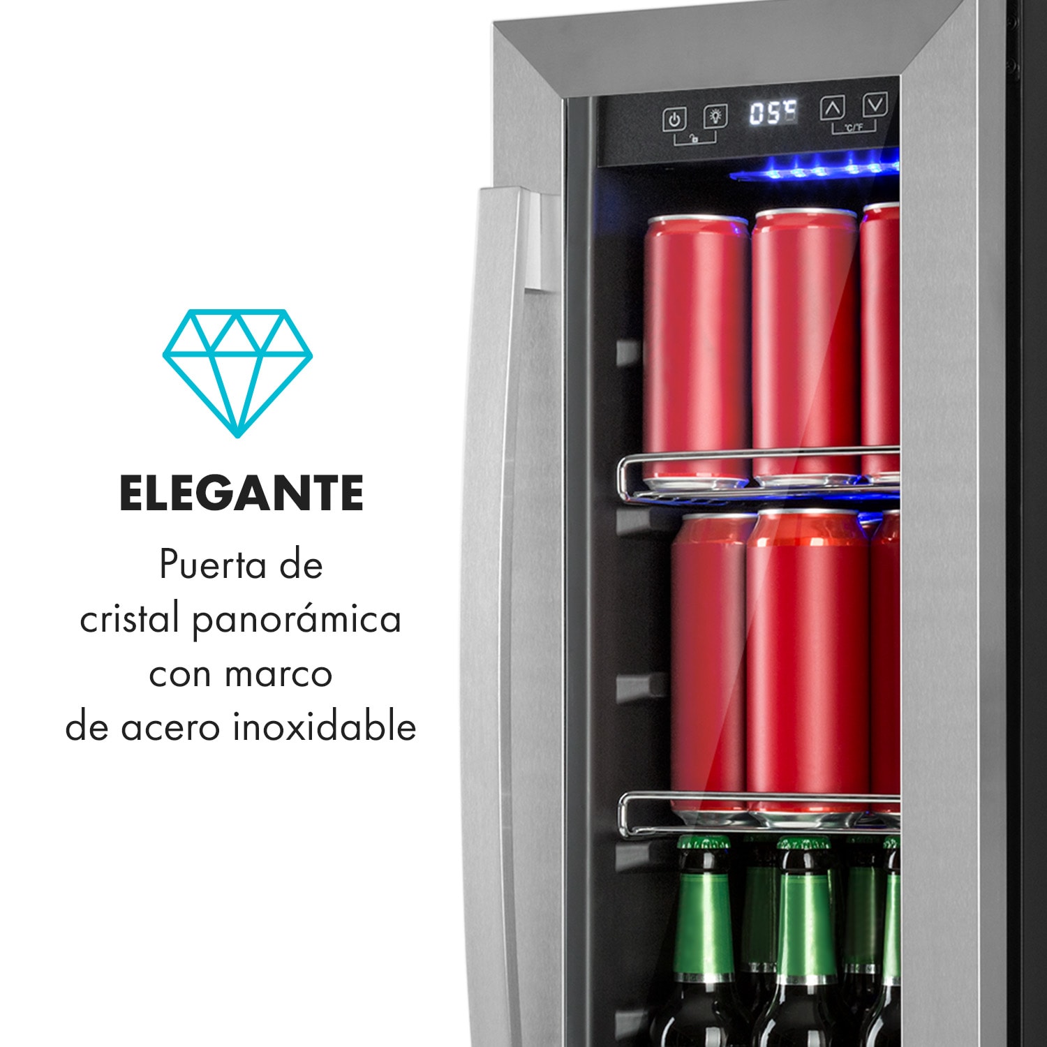 Beerlager 56 Nevera para bebidas 56L 20 botellas Puerta de cristal con panel de control táctil y acero inoxidable 56 Ltr