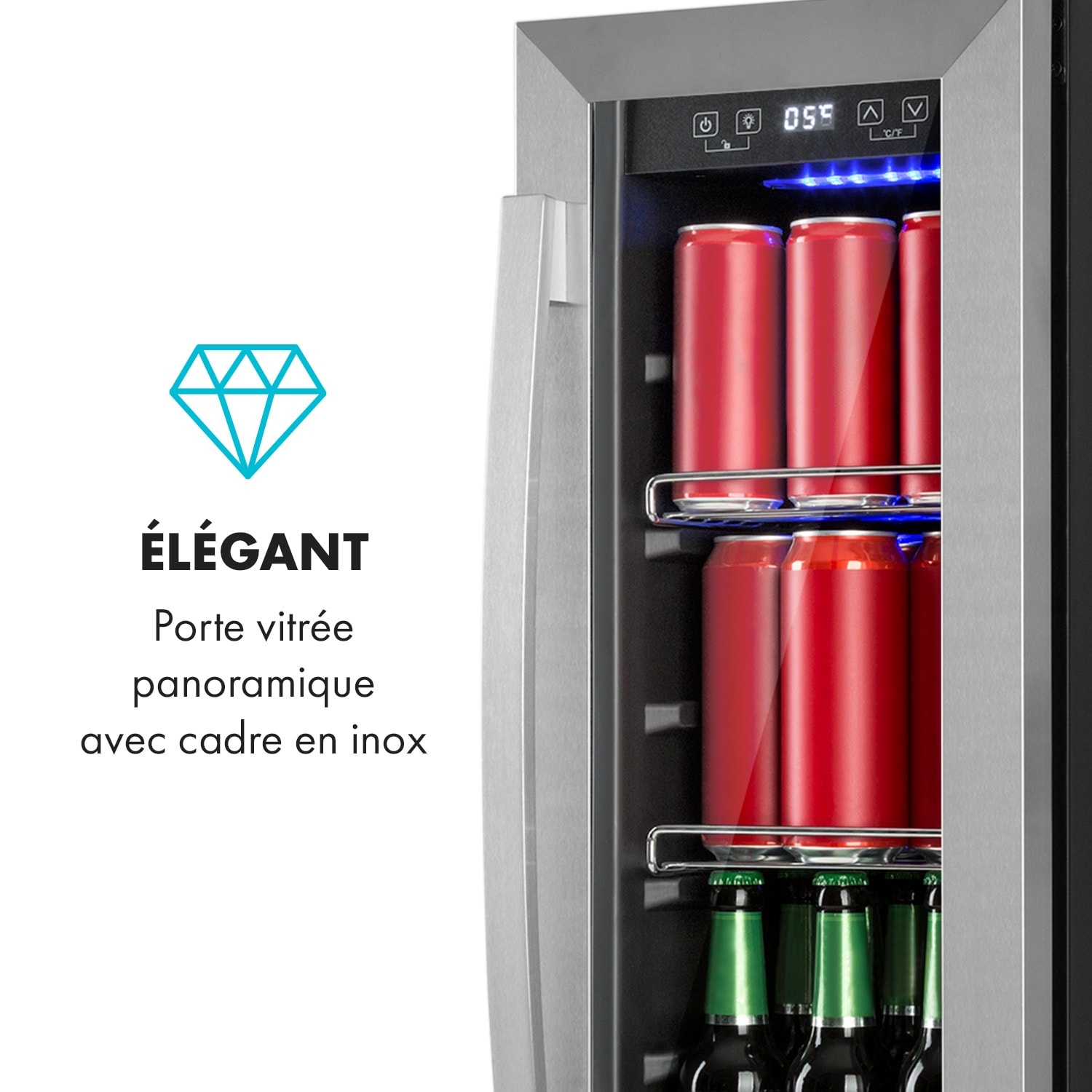 Beerlager 56 Réfrigérateur à boissons 56 L 20 bt Porte vitrée Panneau de commande tactile Acier inoxydable 56 L
