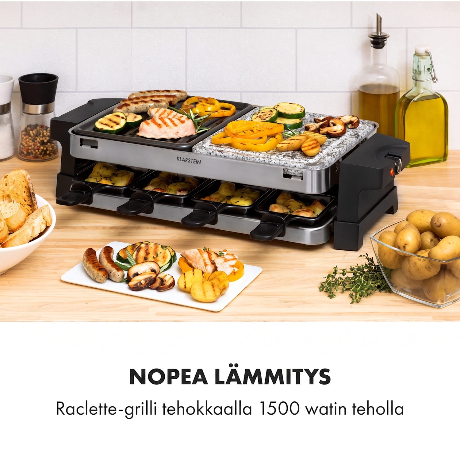 Sirloin -raclettegrilli 1500 W alumiini/kivi 8 henkilölle LED-kontrollivalo 