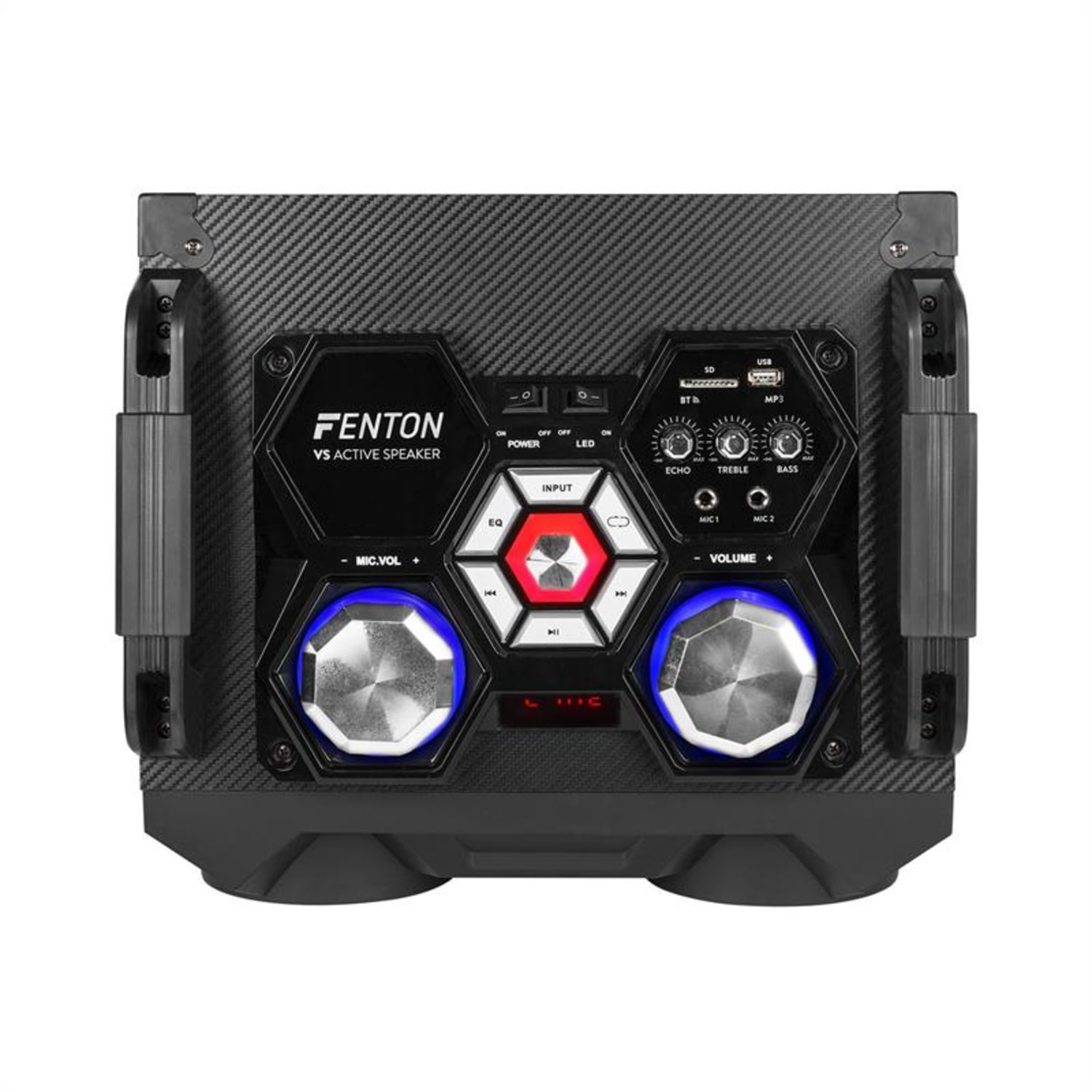 VS12, активен комплект високоговорители, 1200 W, събуфер 12", BT, USB порт, SD слот, LED