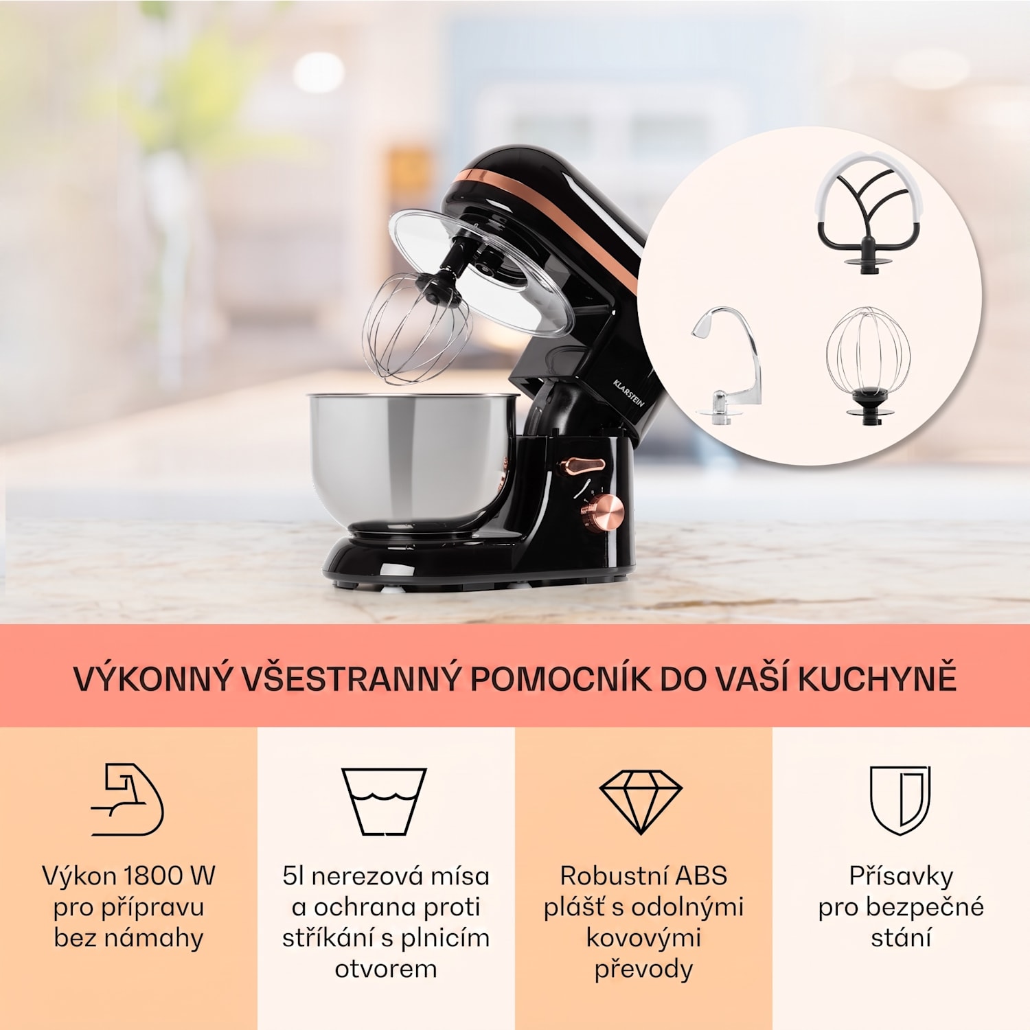 Bella Elegance, kuchyňský robot, 1800 W, 1,7 HP, 6 stupňů, 5 l Černá